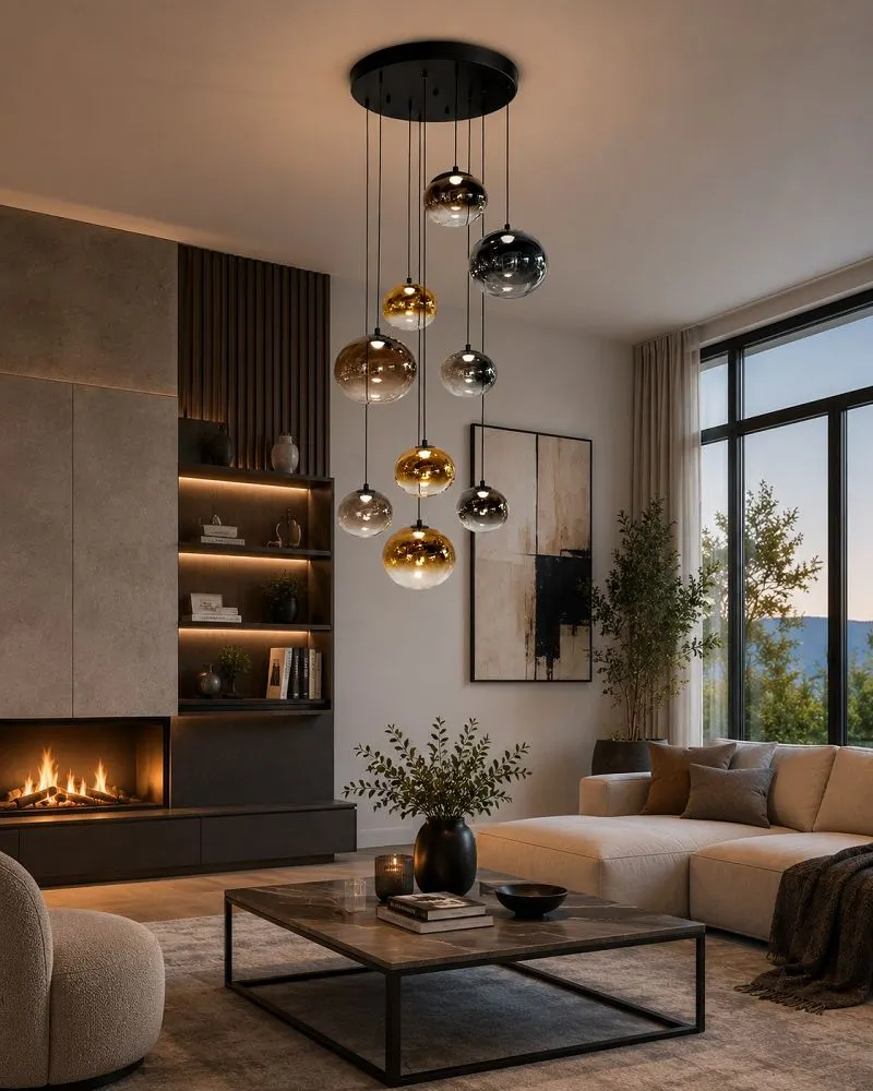image lampa wisząca, kule sufitowe, salon, fotel/sofa, kominek