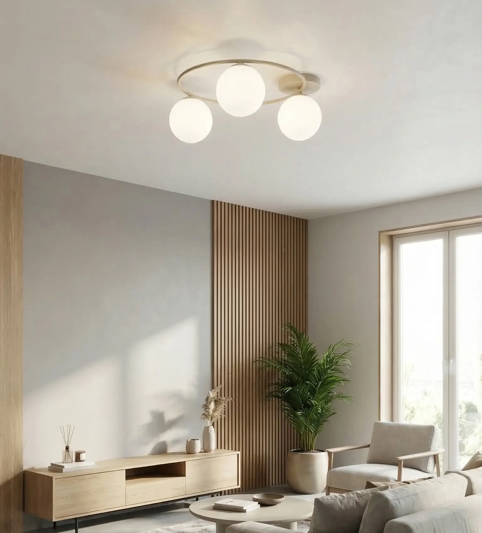 image lampa sufitowa, trzy kule, nowoczesny design, salon, drewniane elementy