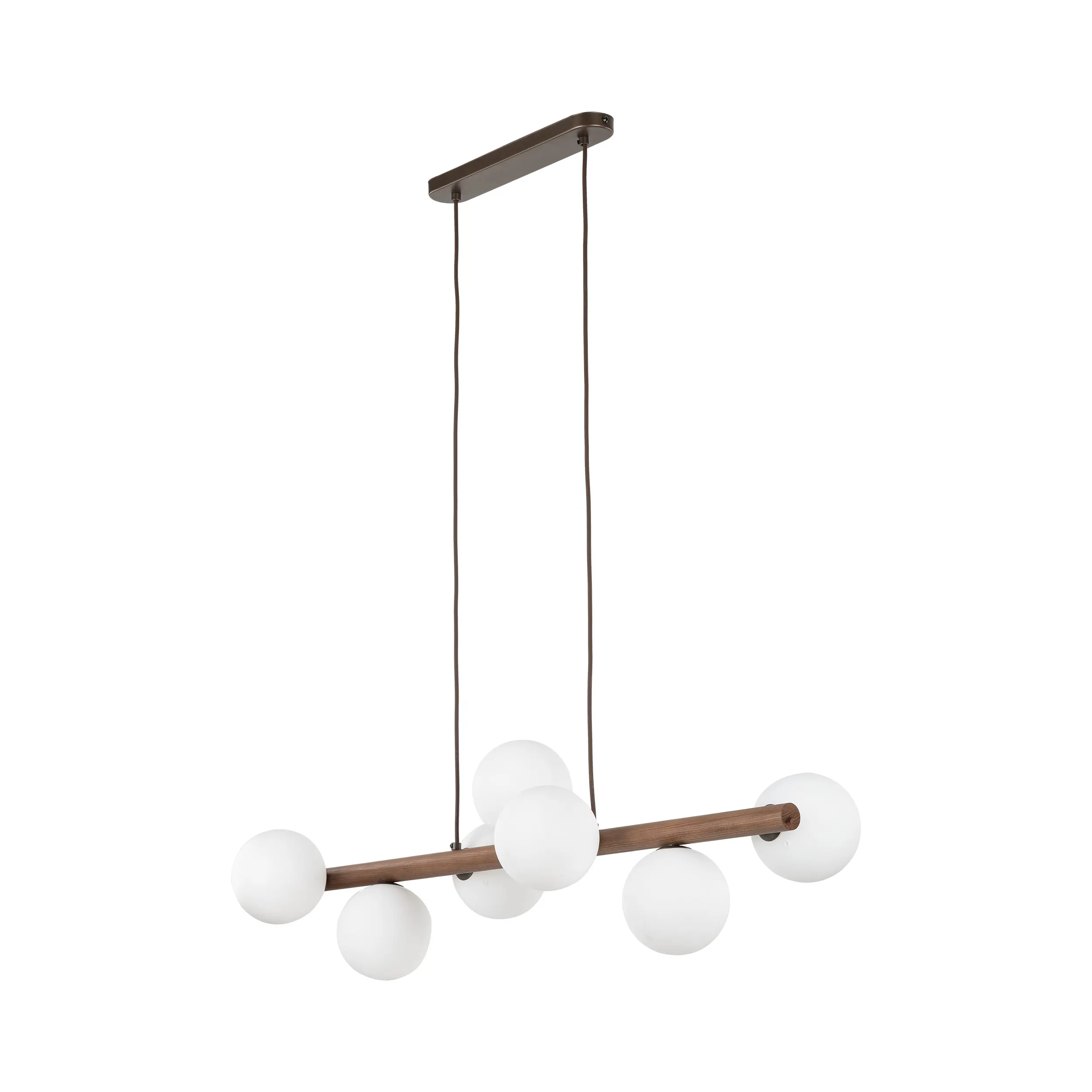 Lampa wisząca ESTERA czarna z drewnianą orzechową poprzeczką białe szklane okrągłe klosze 125x90x28cm