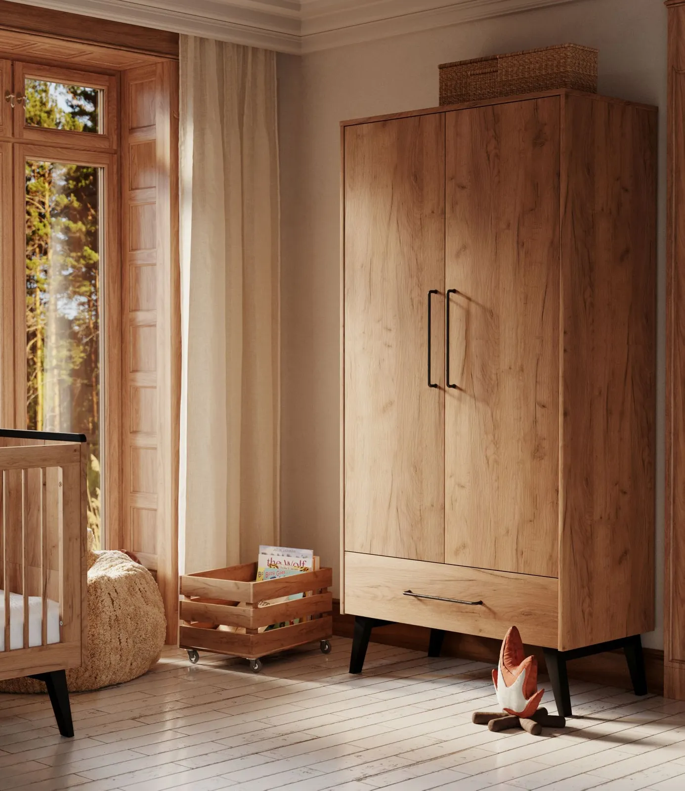 Szafa 2-drzwiowa z szufladą RETRO efekt drewno czarny - PIN_044-042-003