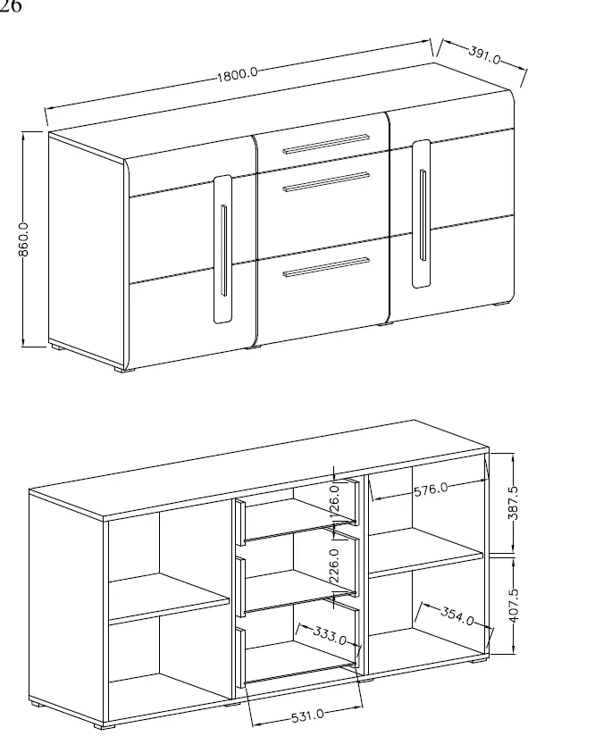 Komoda TULSA 26 dwudrzwiowa z szufladami biała z czarnymi uchwytami 180x86x39cm - 2497FJ26