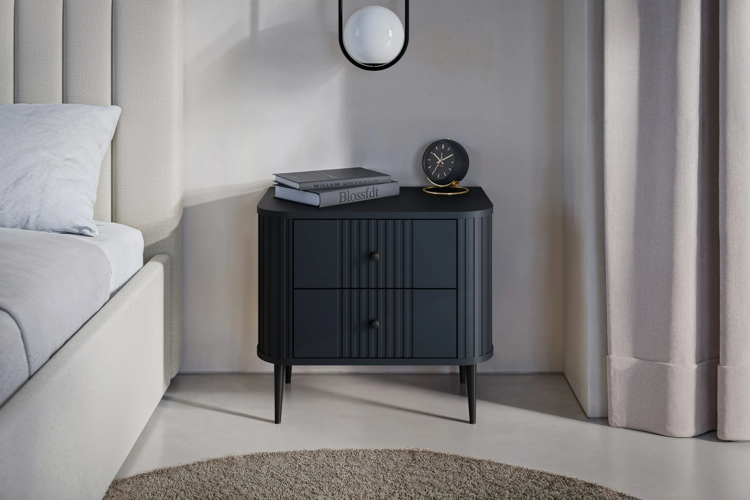 Szafka nocna z 2 szufladami VESPER 56 zestaw 2 sztuk ryflowany front czarny mdf czarne nogi - B_163846