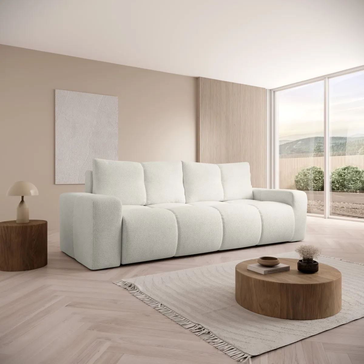 Sofa rozkładana z pojemnikiem SOHO 259 cm pikowana beżowa — zdjęcie 12