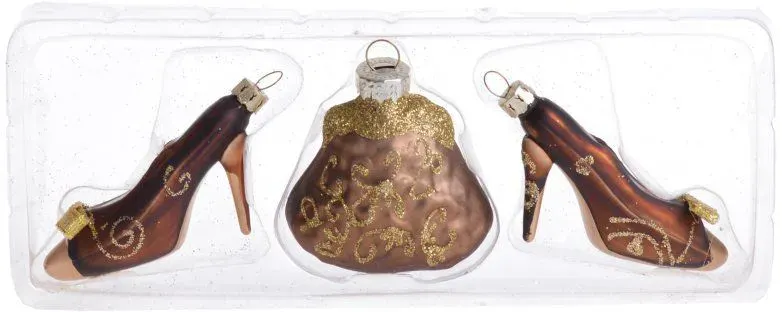 Komplet 3 bombek szklanych BUTY I TOREBKA 20615 brązowo-złoty