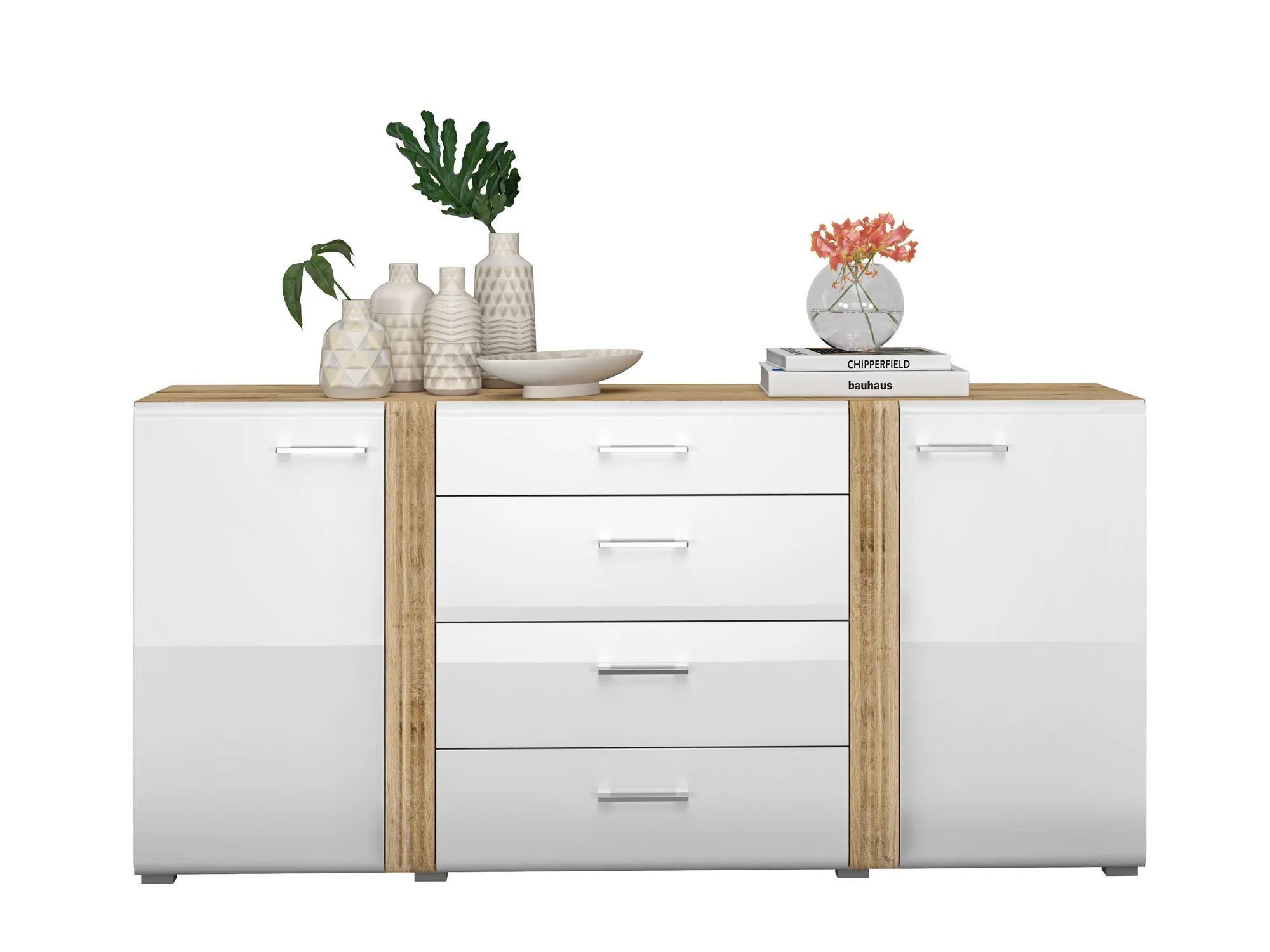 Komoda 2-drzwiowa z 4 szufladami ADAGIO 06 dąb castello, biały połysk - 1ADAG06-001