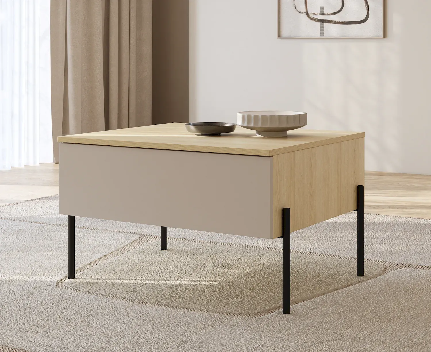 Stolik kawowy z szufladą ORE 61x70 cm dąb lindberg kaszmir czarne nóżki - 24LKOG98