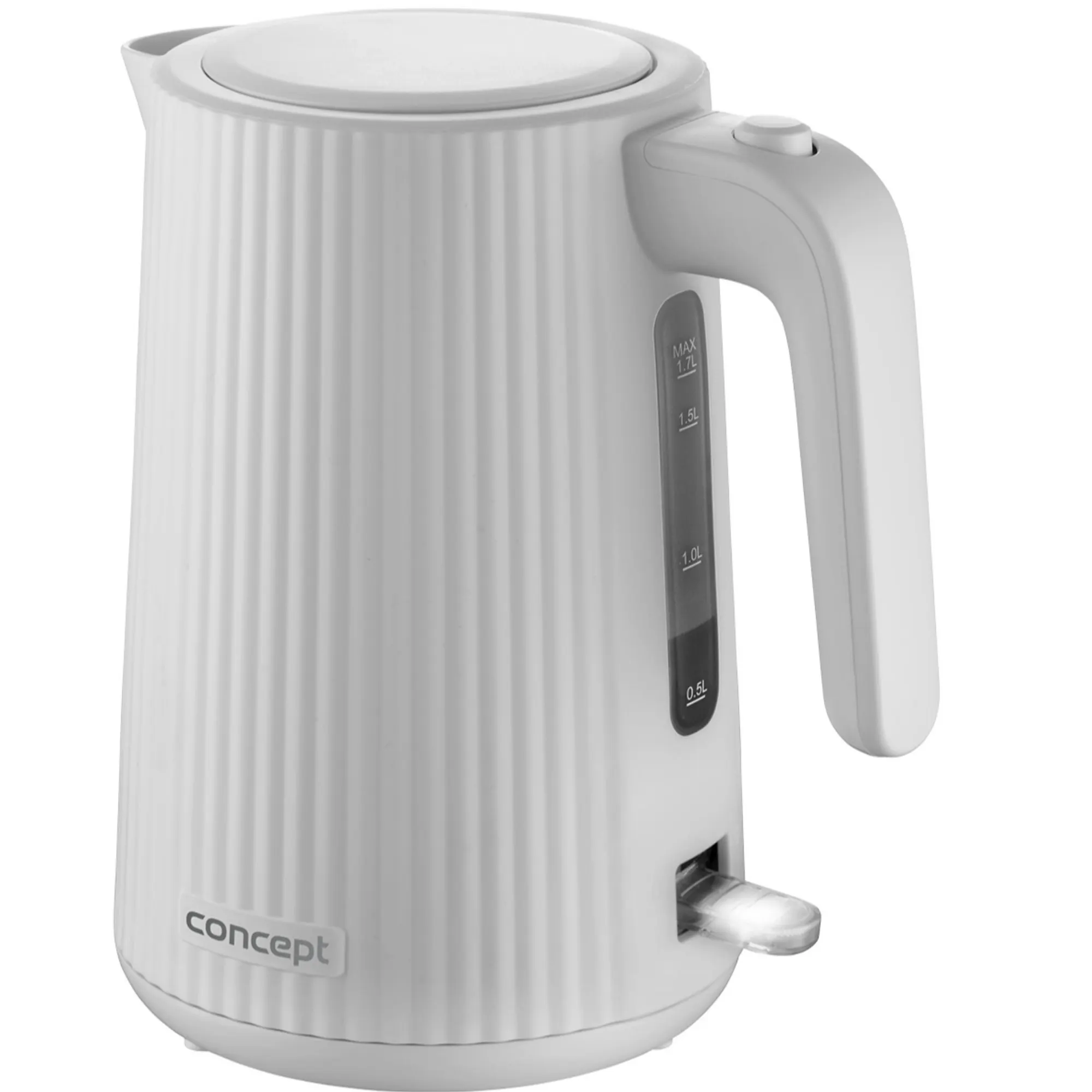 czajnik elektryczny, korpus pionowy, miarka pojemność, przycisk/wyłącznik, przezroczzny wskaźnik