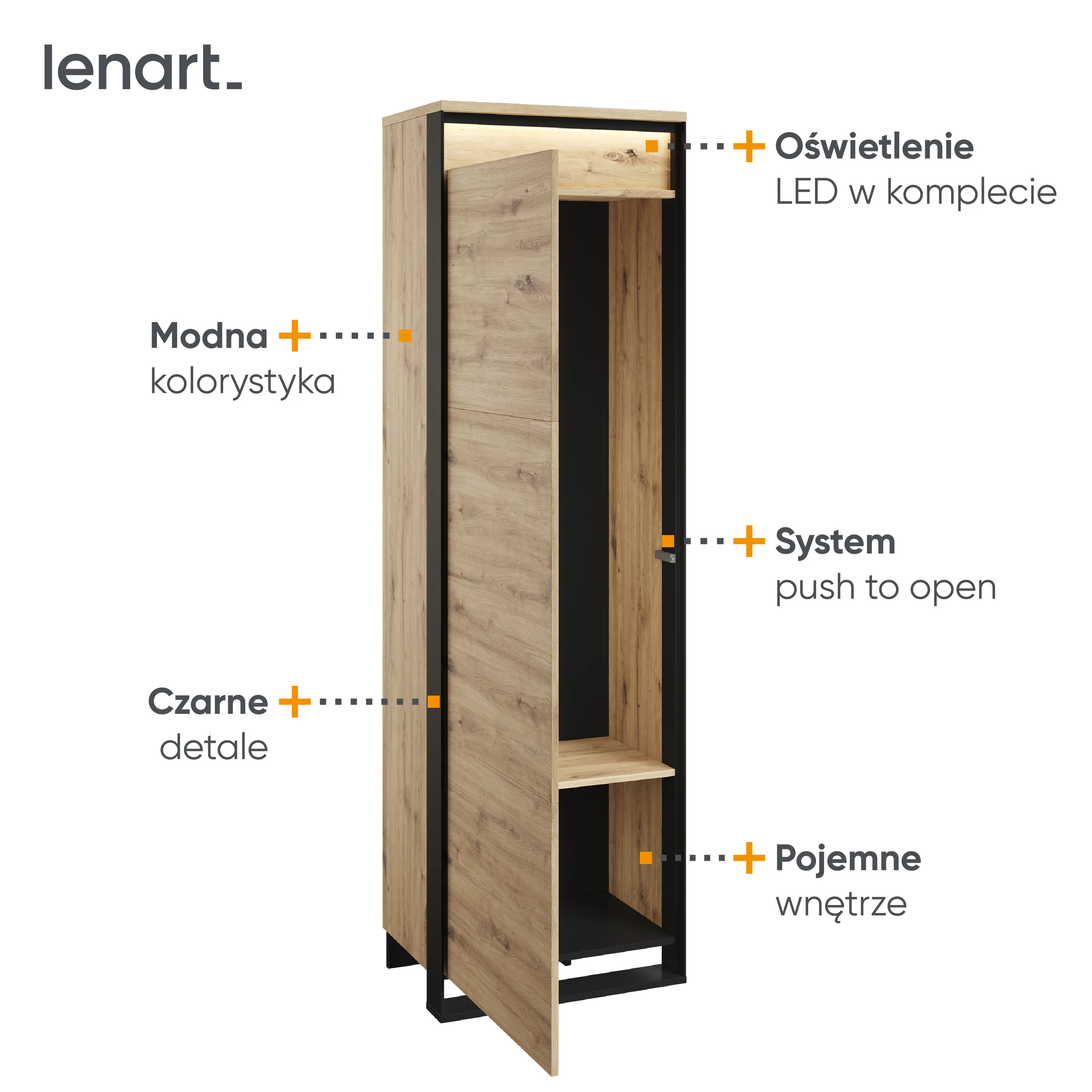 Szafa 1-drzwiowa 60cm LED Quant QG-01 dąb artisan/czarna - QG1DAC
