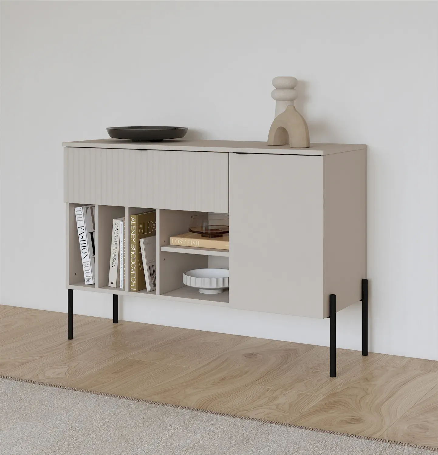 Komoda z szafką i szufladą ORE 105 cm kaszmir ryflowany front czarne nóżki - 24KROG45