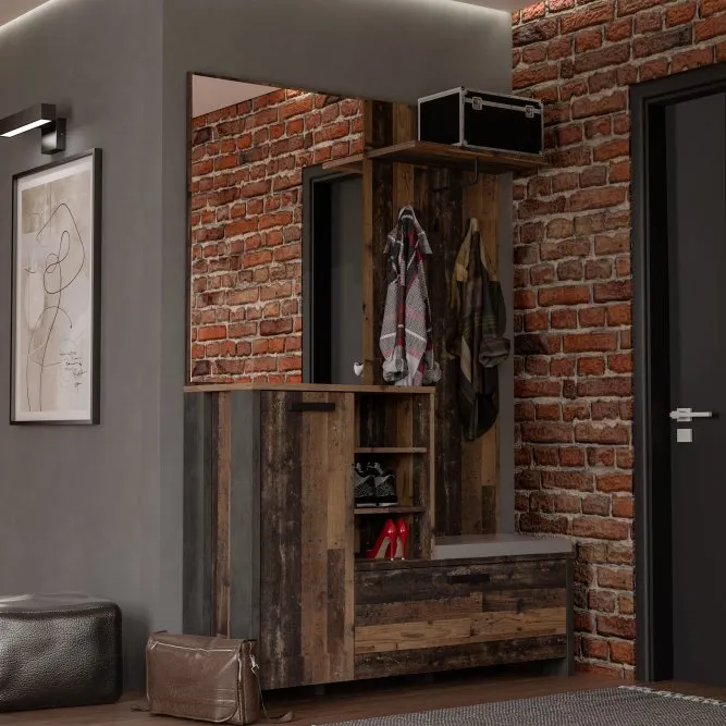 Zestaw do przedpokoju z lustrem i szafka na buty - old wood vintage, beton - CLFD02L-C546