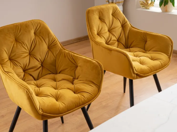 Krzesło z podłokietnikami CHERRY VELVET pikowane żółte/metalowe nogi - CHERRYVCCU