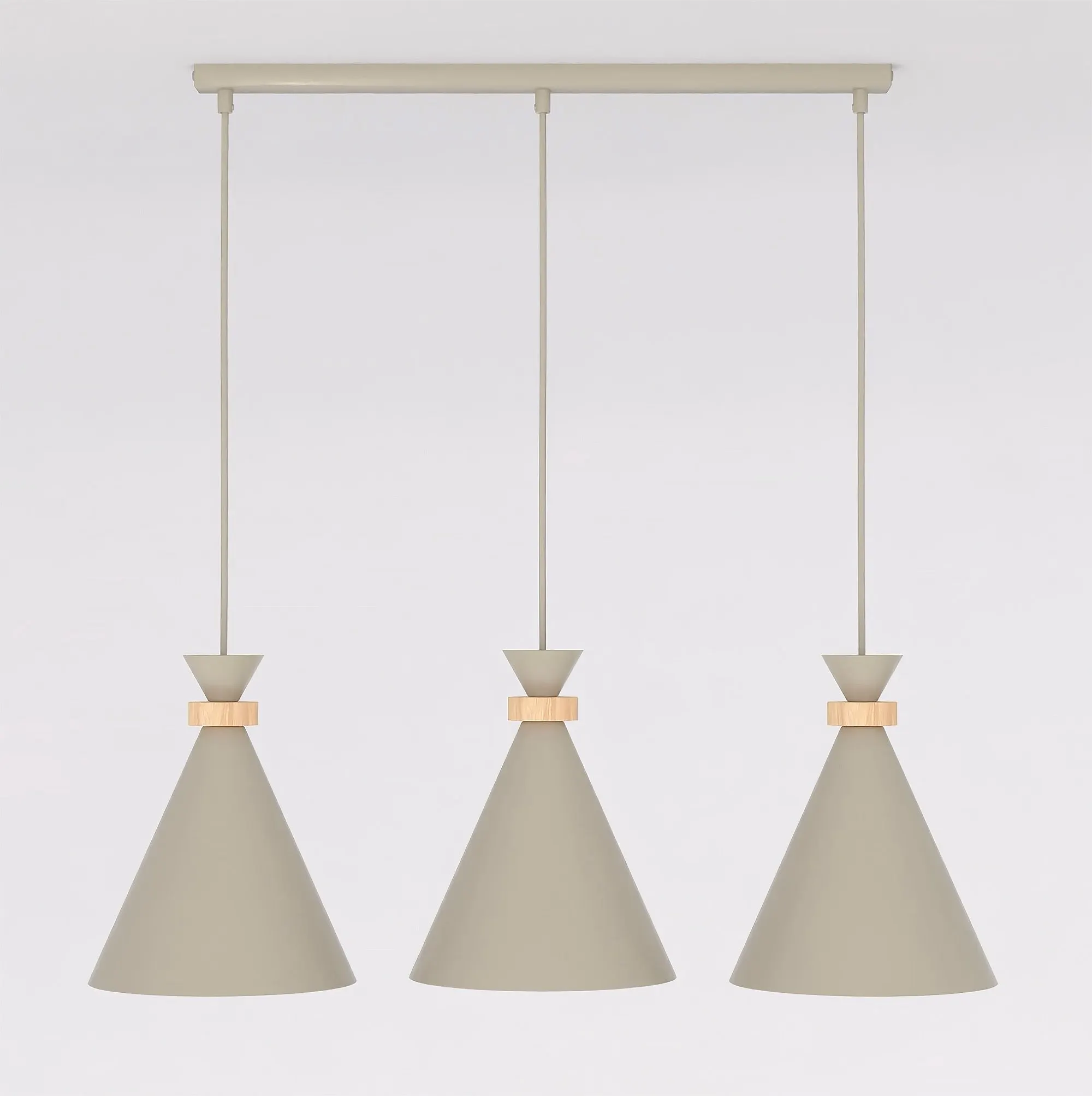 lampa wisząca, trzy lampy, korpus metalowy, kolor beżowy, haczyki dekoracyjne