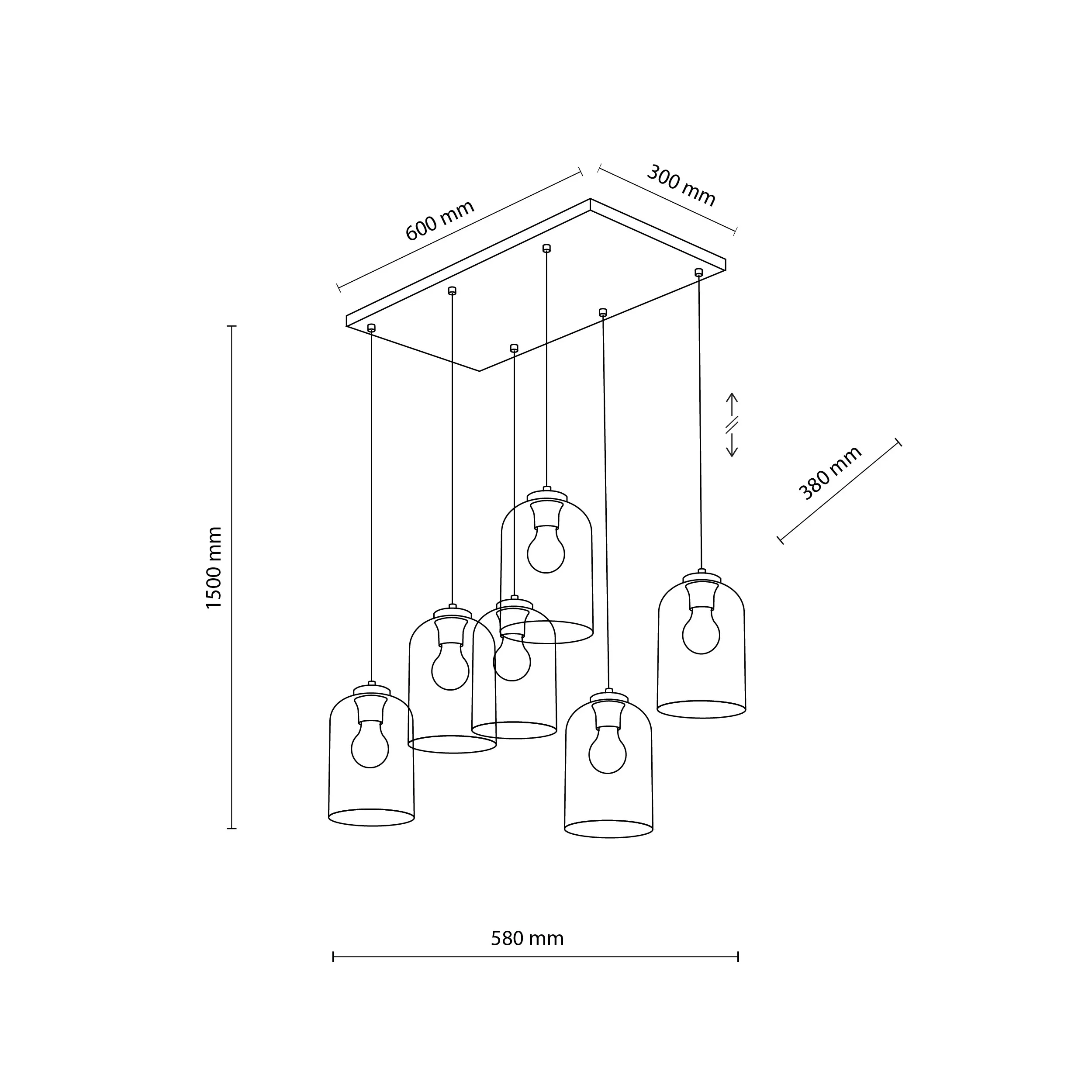 Lampa wisząca MOLLY czarna z różnokolorowymi transparentnymi fioletowymi różowymi żółtymi zielonymi szklanymi kloszami 150x58x38cm - TK_10302