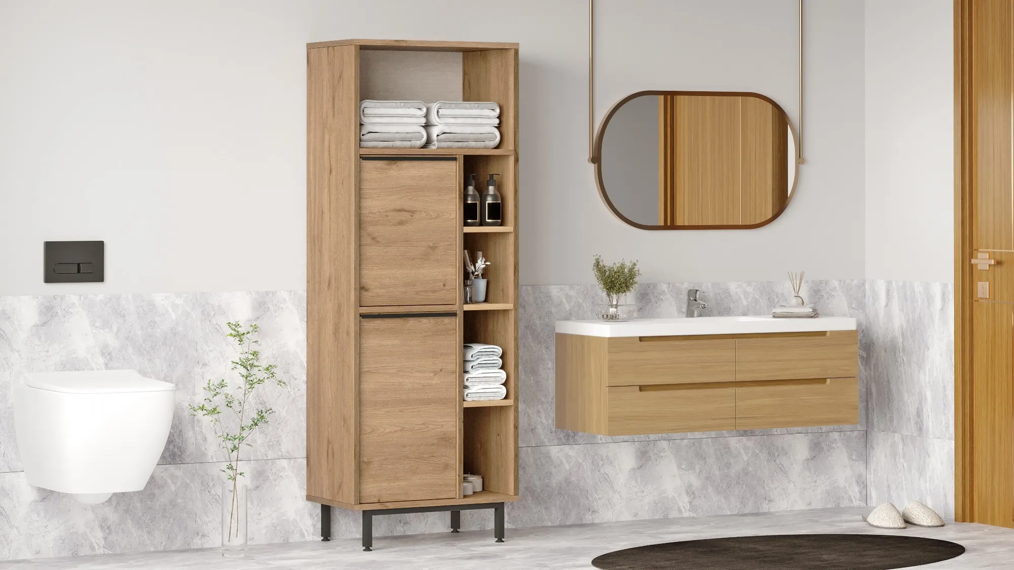 drewniana szafka, ręczniki, szafka łazienkowa, otanr na ścianie, toaleta ceramiczna