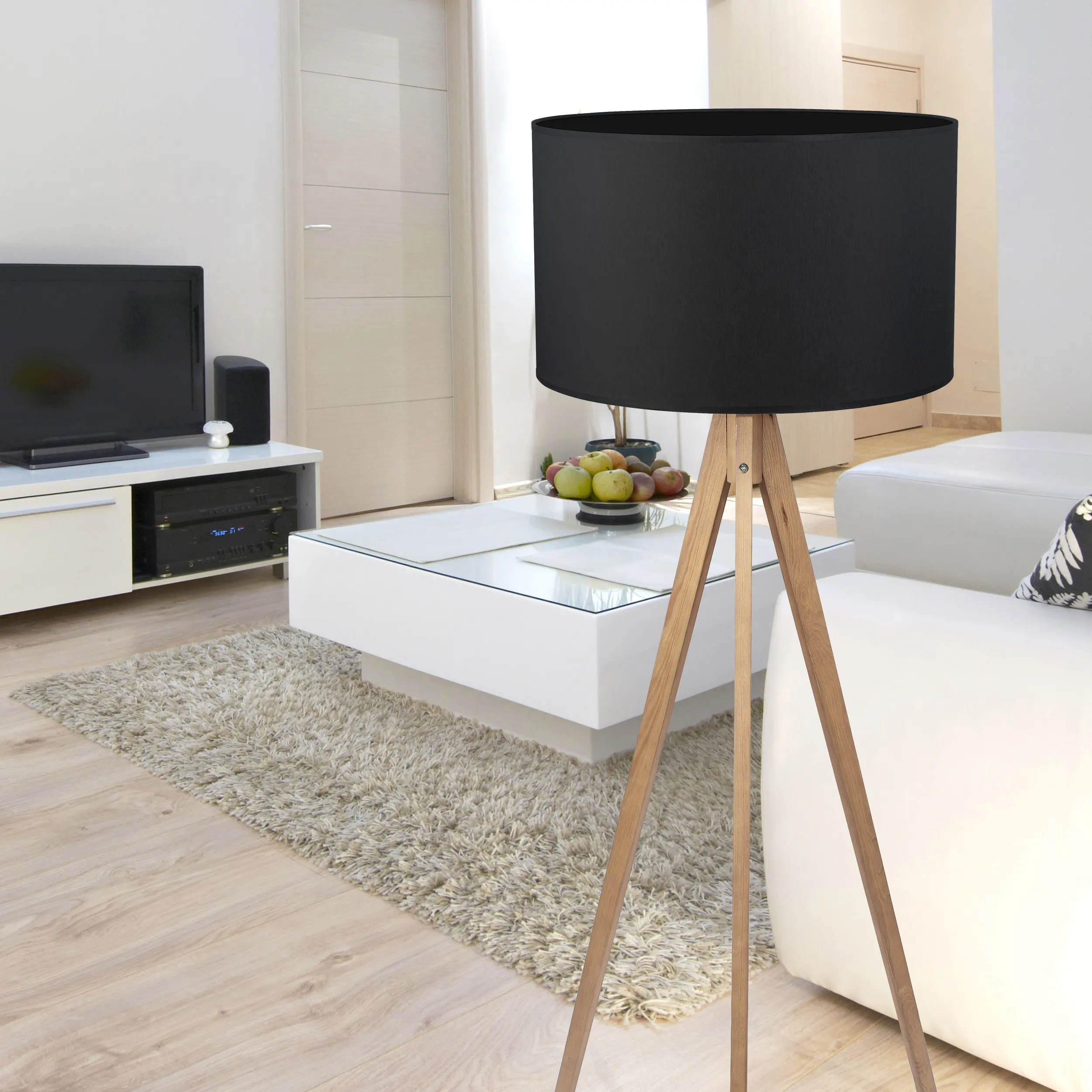 Lampa podłogowa TREVISO sosnowe nogi czarny okrągły abażur 145x60cm - TK_5039