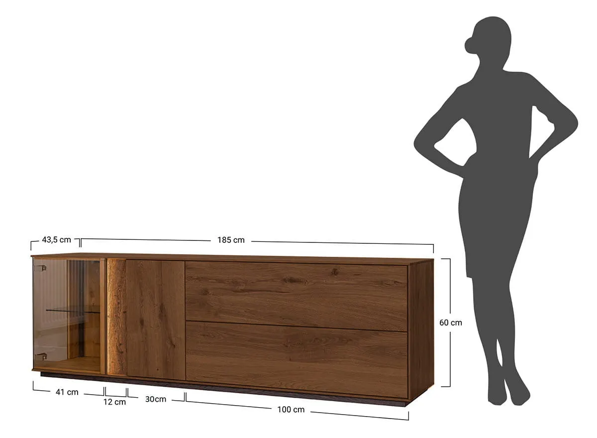 Komoda TV dębowa COLLODI z przeszkleniem i oświetleniem 185 cm - tabacco - ZICOL09T