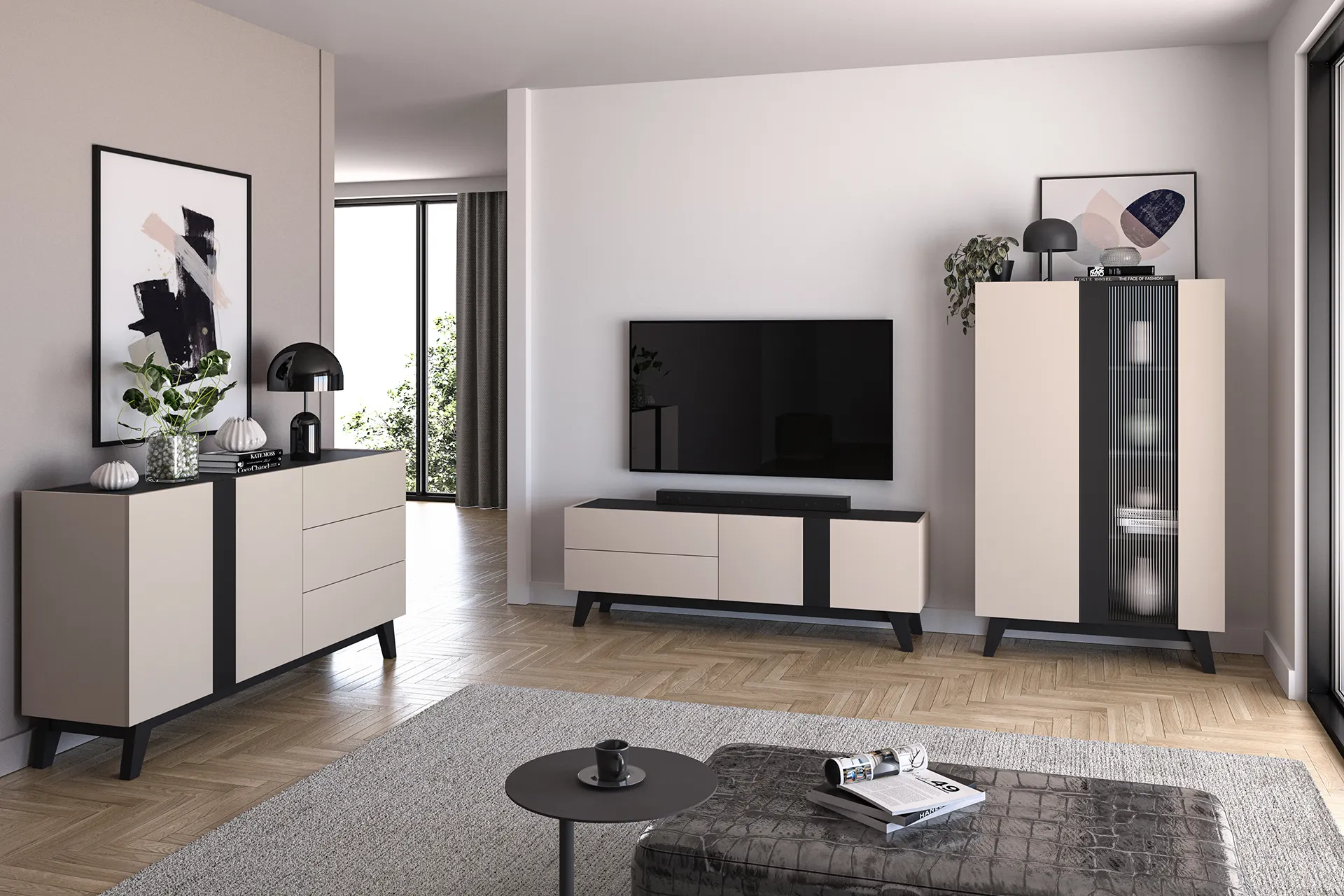 Komoda z półkami i szufladami FRESHION 120 cm beżowo-czarna — zdjęcie 9