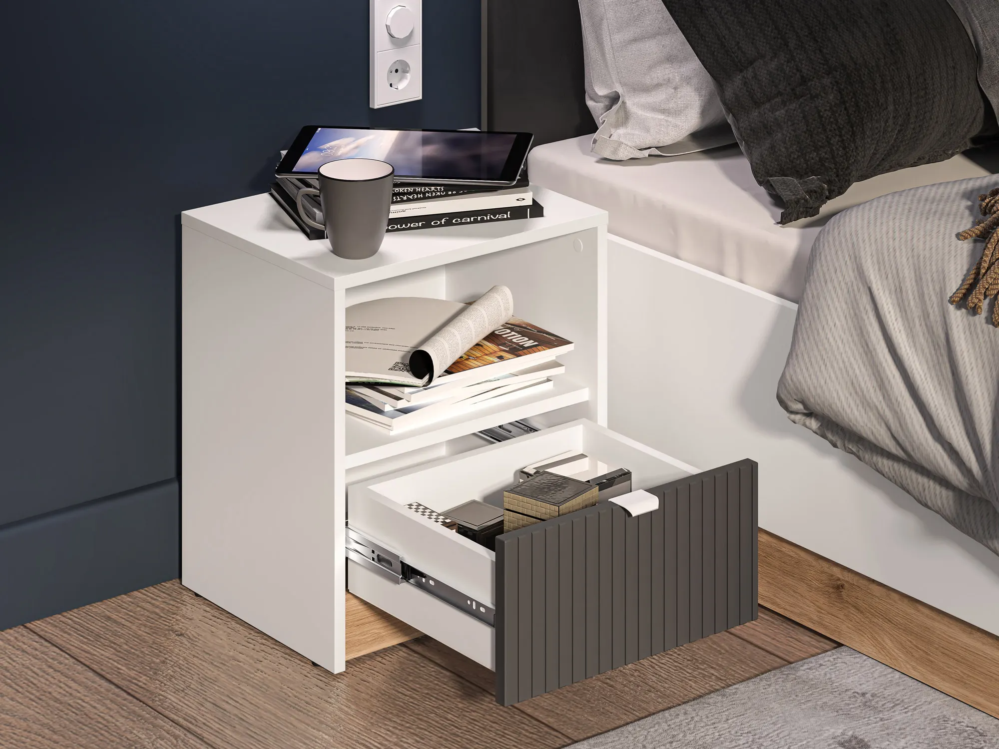 Szafka nocna z 1 szufladą TORINO 09 Biały, Castello, Grafit - 1TORI09-001