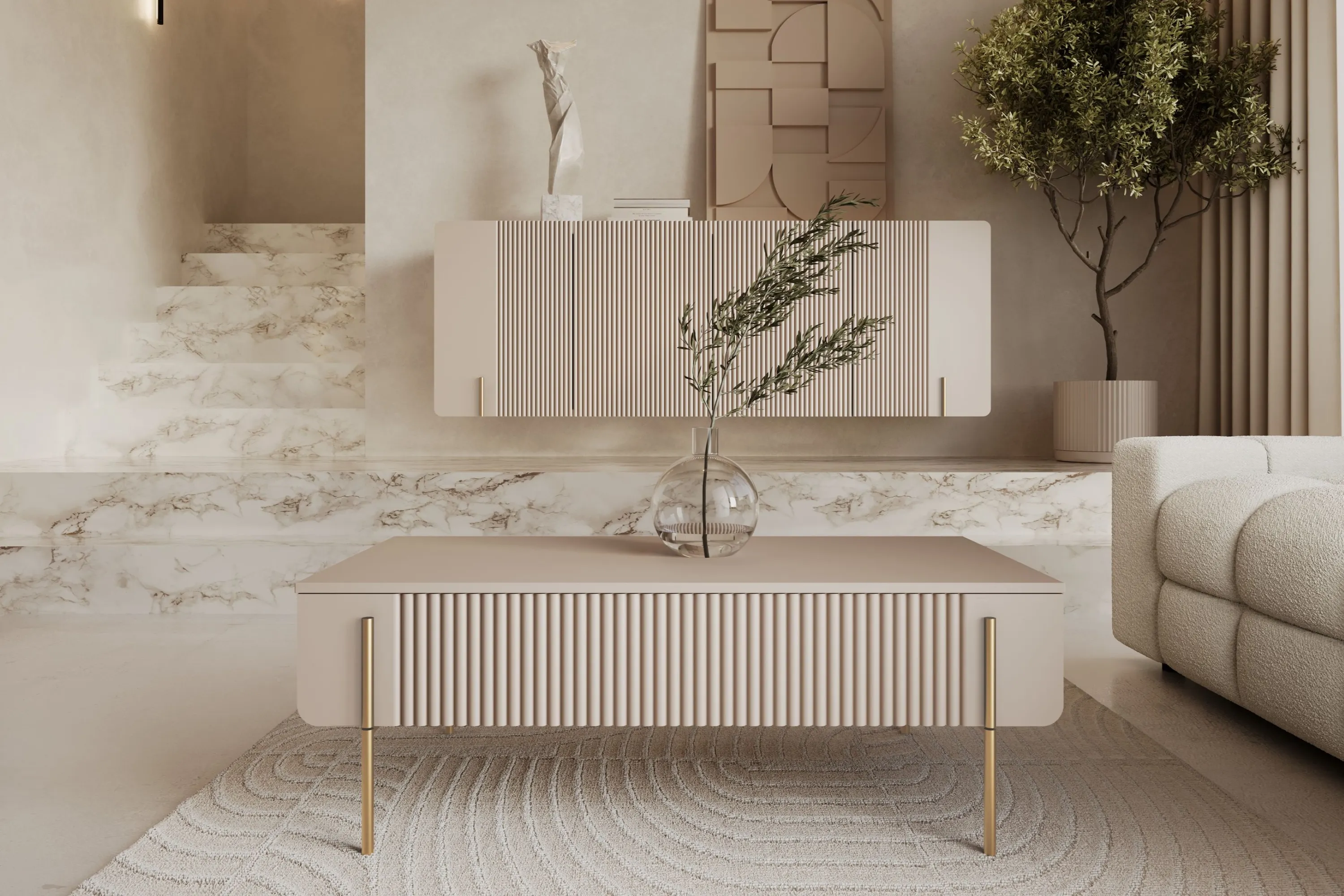 Stolik kawowy z 2 szufladami MALMI ryflowany front 60x100cm - kaszmirowy - złoty - B_167013