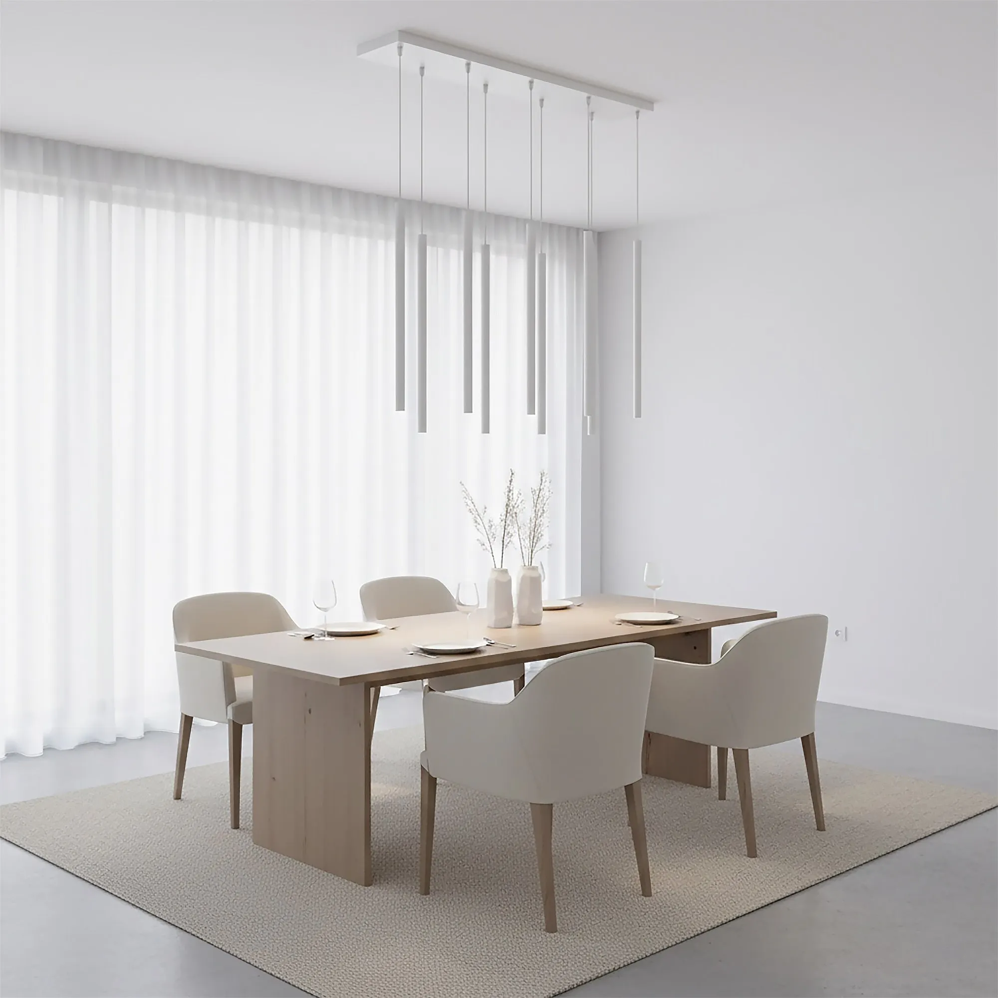 jadalnia, stół drewniany, krzesła tapicerowane, lampy wiszące, dywan