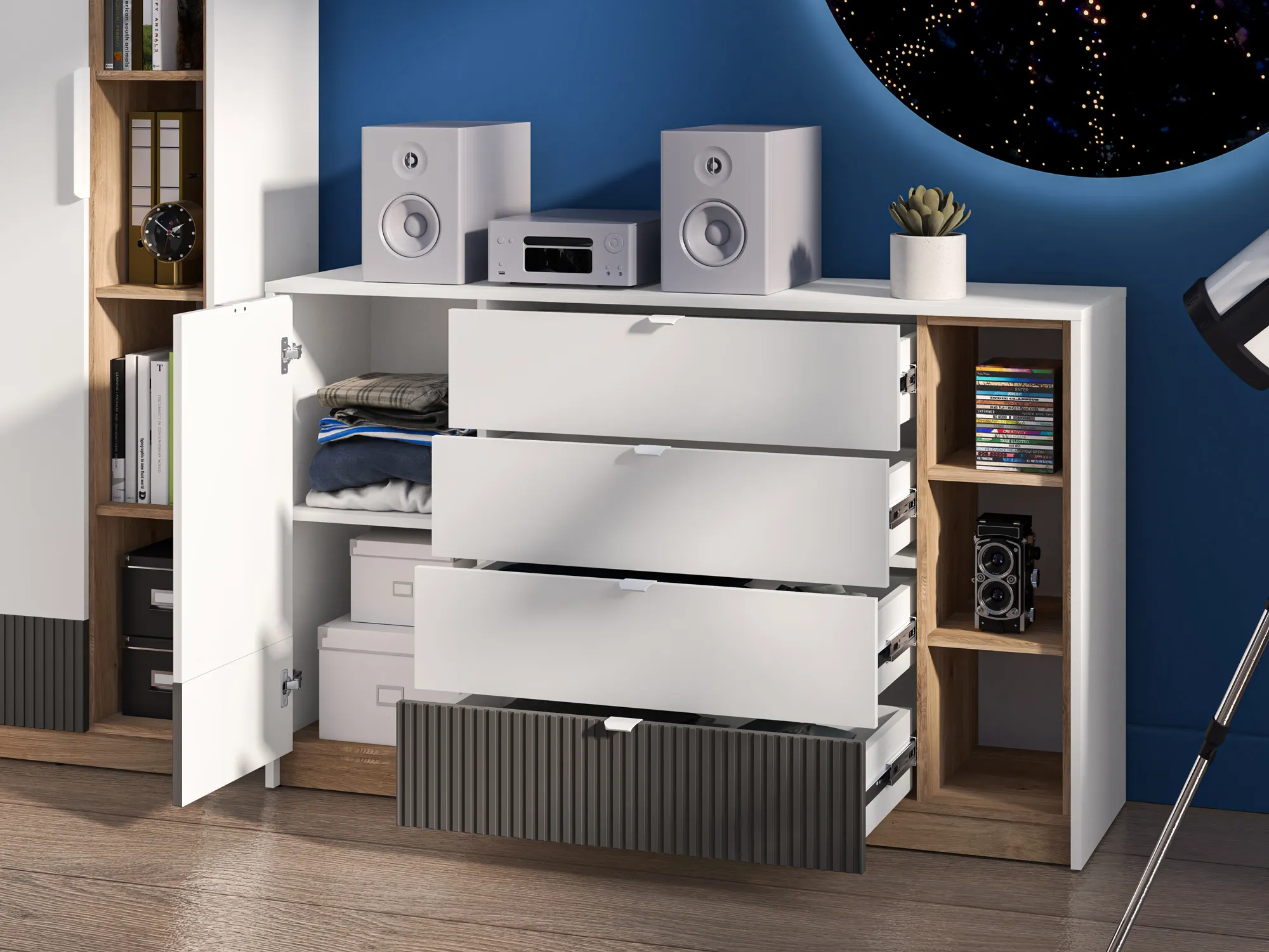 Komoda 1-drzwiowa z 4 szufladami TORINO 06 Biały, Castello, Grafit - 1TORI06-001