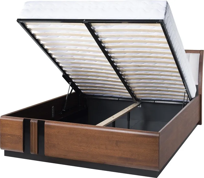 Łóżko PORTI 76 dwuosobowe drewniane z tapicerowanym zagłówkiem dąb antyczny czarne 160x200cm - TH-100-1214