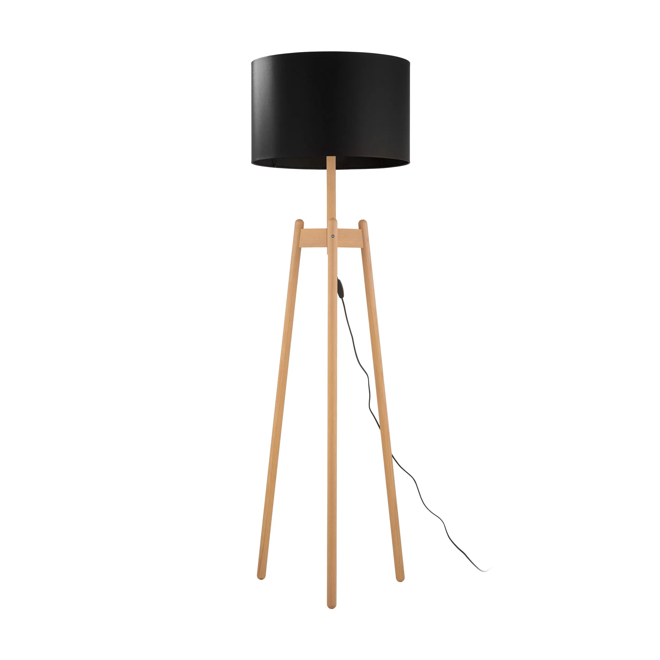 Lampa wisząca PEREZ sosnowa jasna podstawa z czarnym okrągłym abażurem z tkaniny 168x50cm