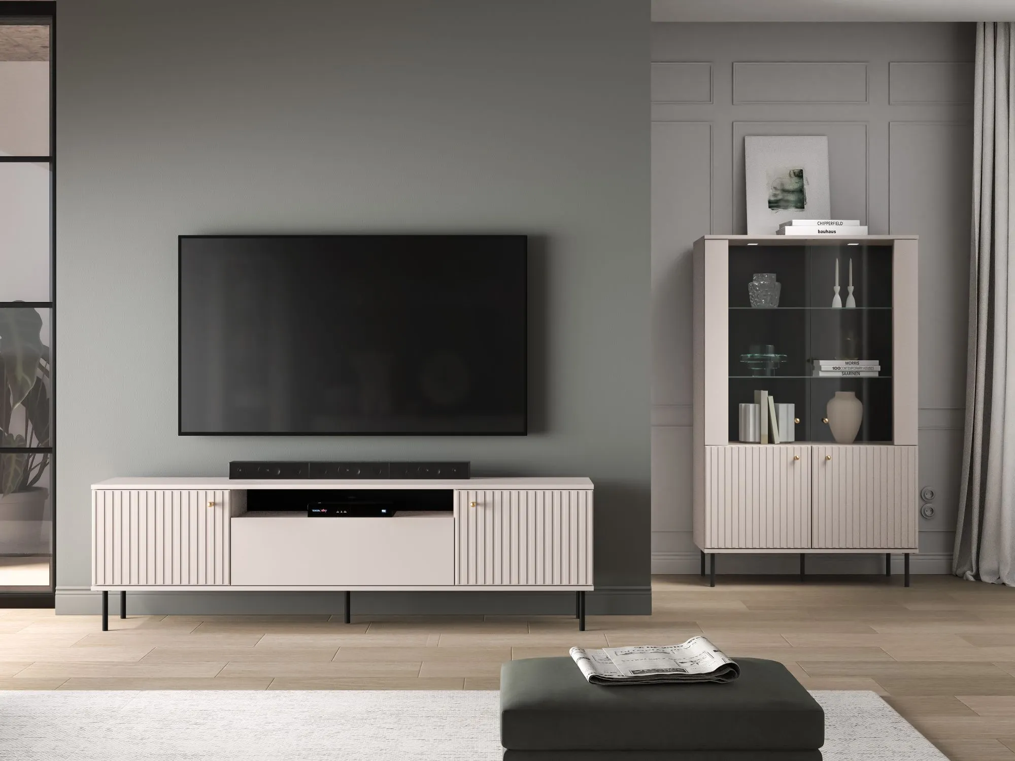 okablowany szafka TV, telewizor, system audio, szafka z przegrodą, konsola RTV