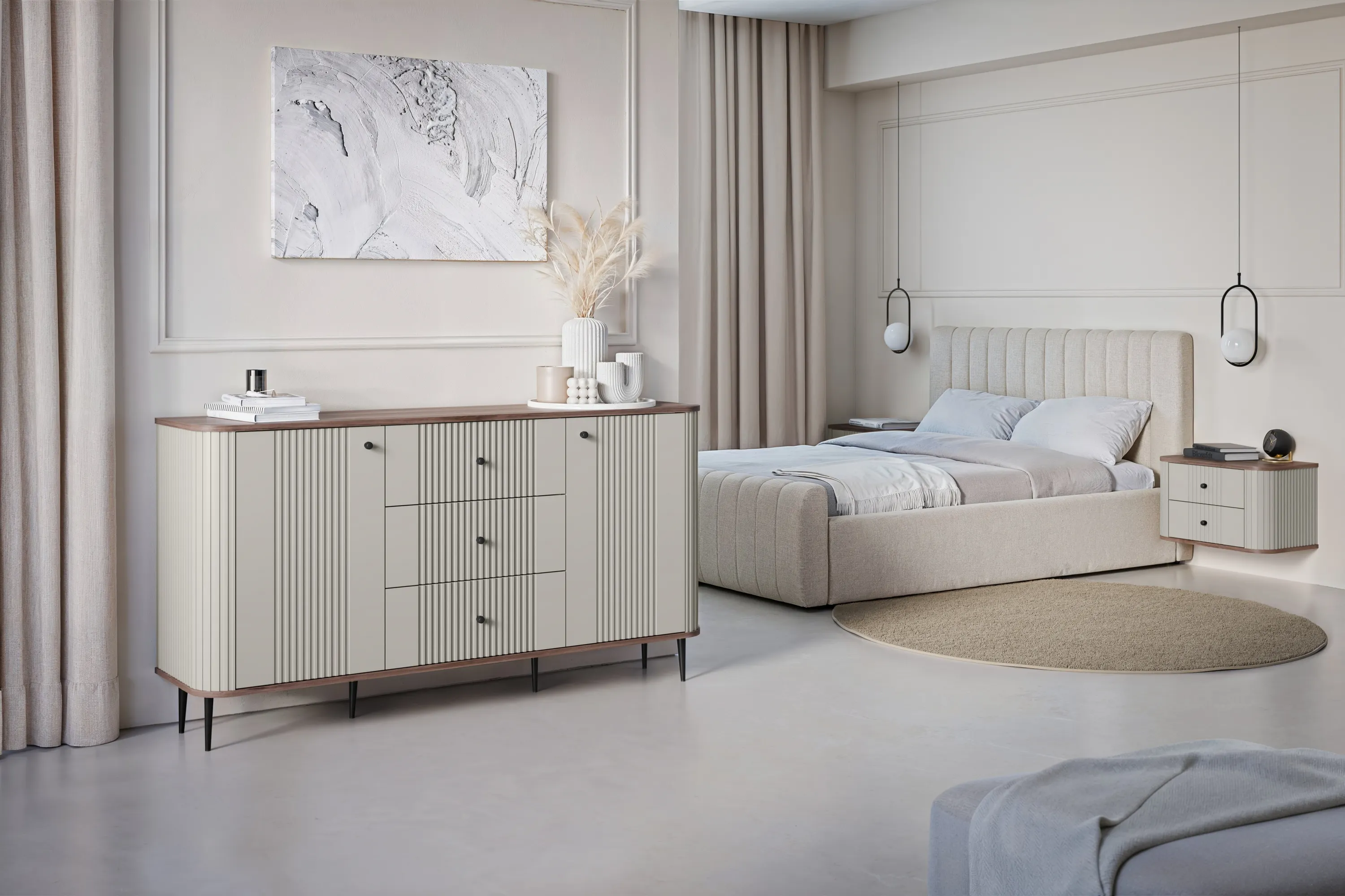 Komoda 2-drzwiowa z 3 szufladami VESPER 160 ryflowany front cashmere orzech czarne nogi - B_163604