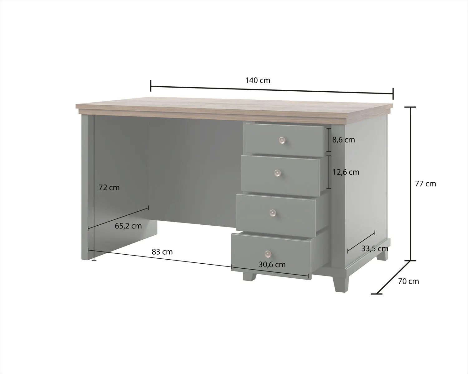 Biurko z szufladami EVORA 140x70 ciemnozielone/dąb Lefkas - 24ZRJU03