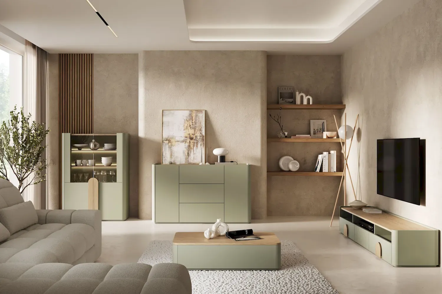 Szafka RTV z klapą i szufladą AMILIO 200 - eukaliptus dąb baltic dune uchwyty dąb naturalny - B_167073