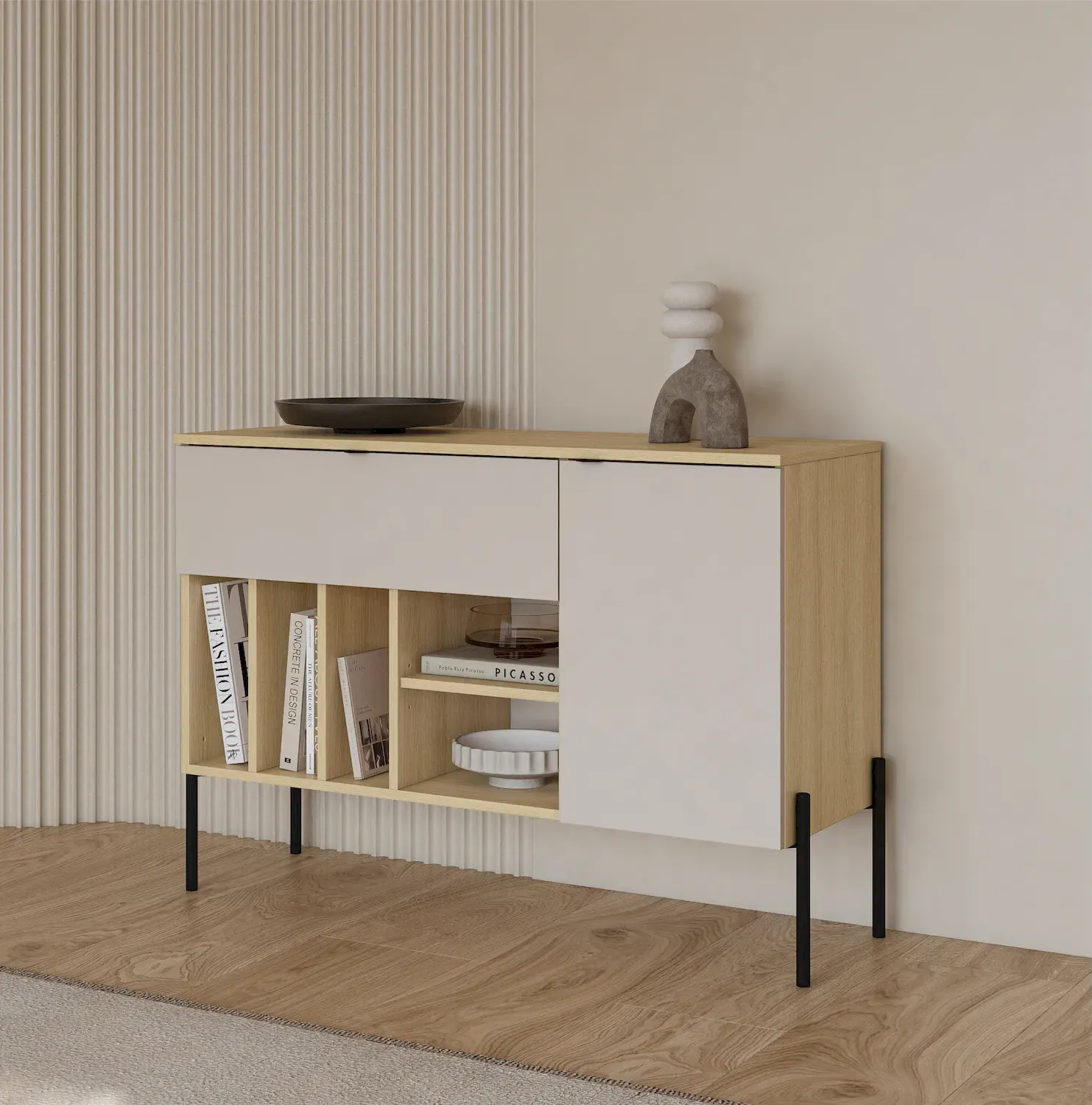 Komoda z szafką i szufladą ORE 105 cm dąb lindberg kaszmir czarne nóżki - 24LKOG45