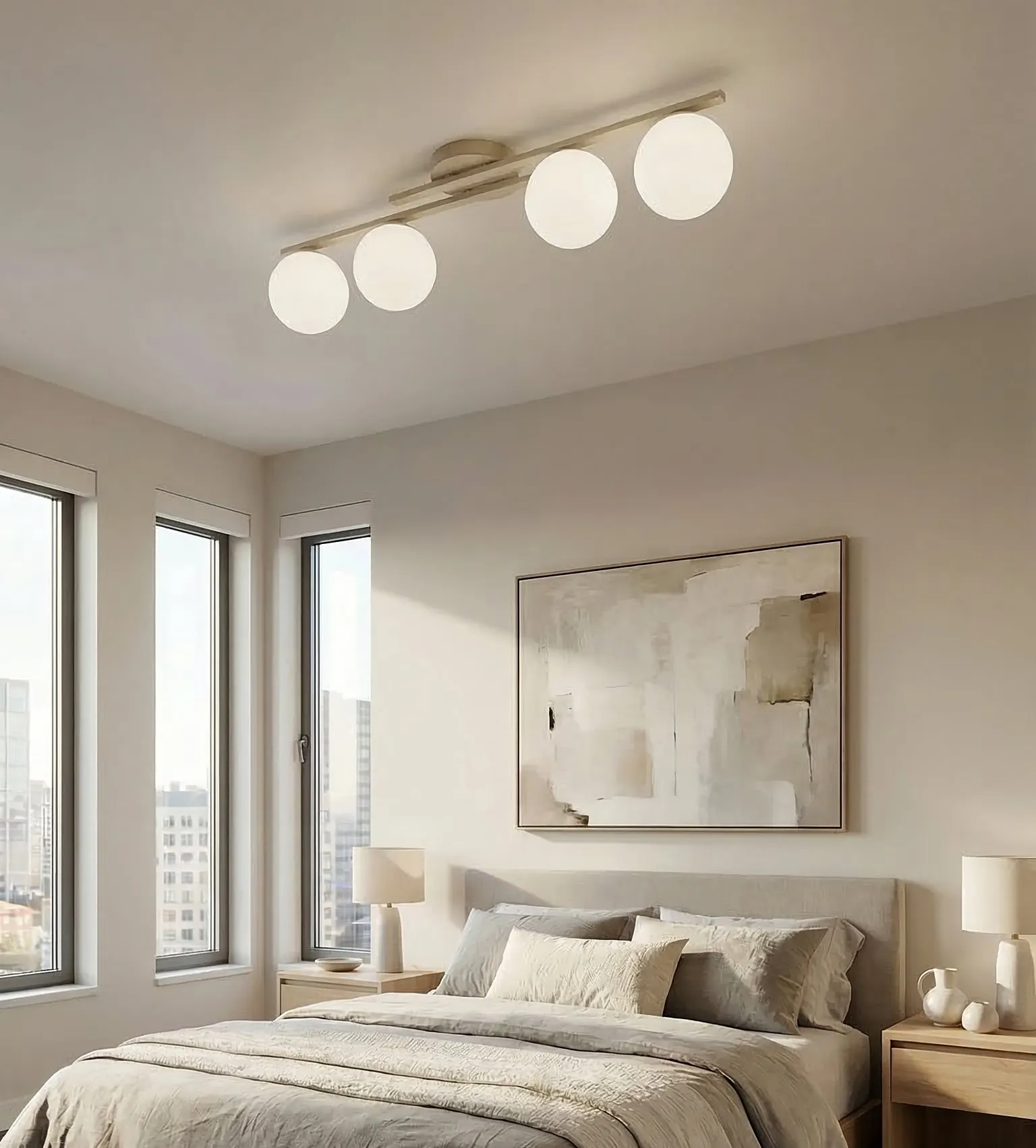 lampa sufitowa, trzy kule, oświetlenie wnętrza, pokojowy design, minimalistyczny styl