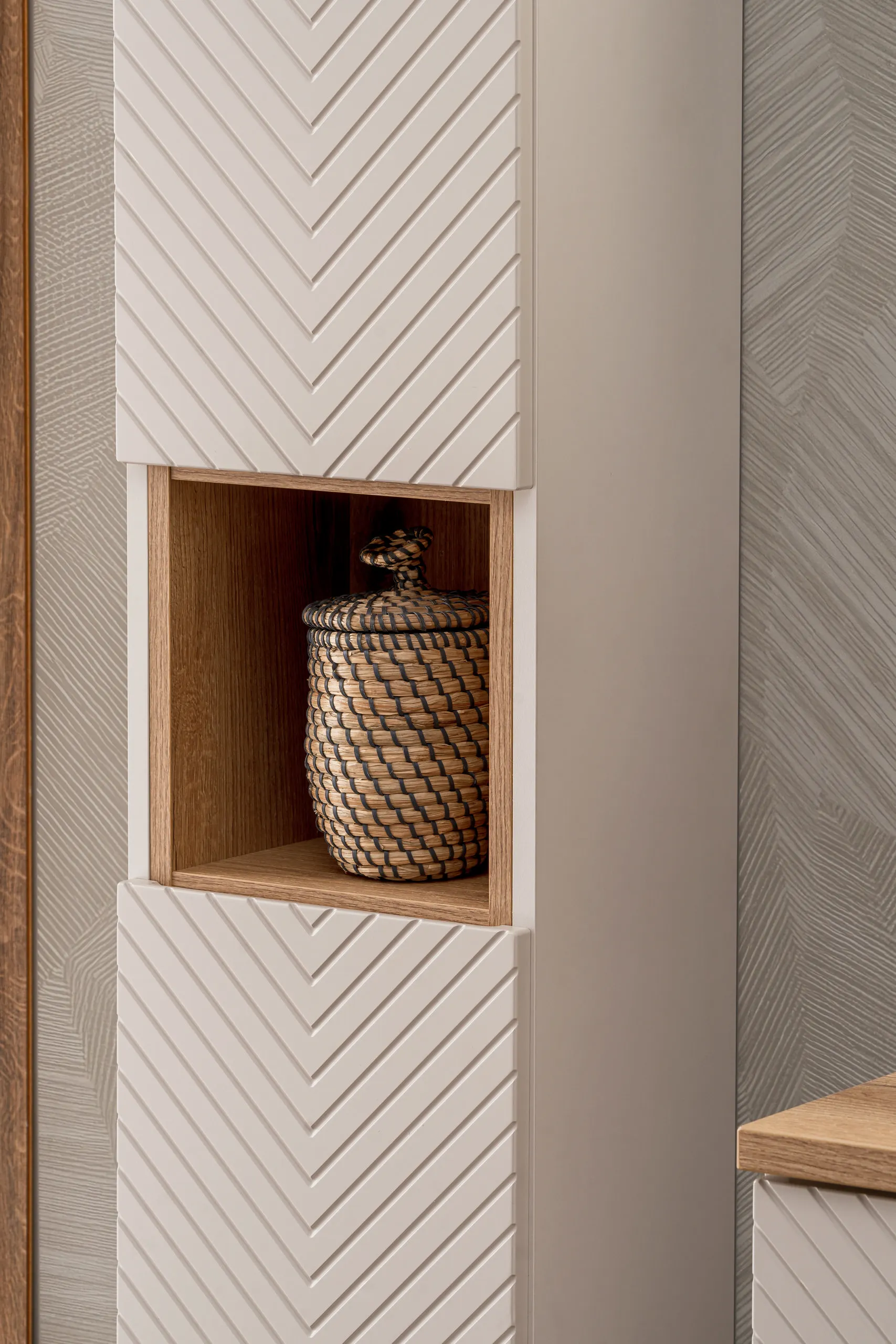 Zestaw meblowy SET-VIC 120cm ( 2 szafki + blat + 2 umywalki nablatowe Lola + szafka wysoka ) kaszmirowy, efekt drewna - SET-VIC_B_OAK_120CM_D/S_UN_LOLA_GW_HC