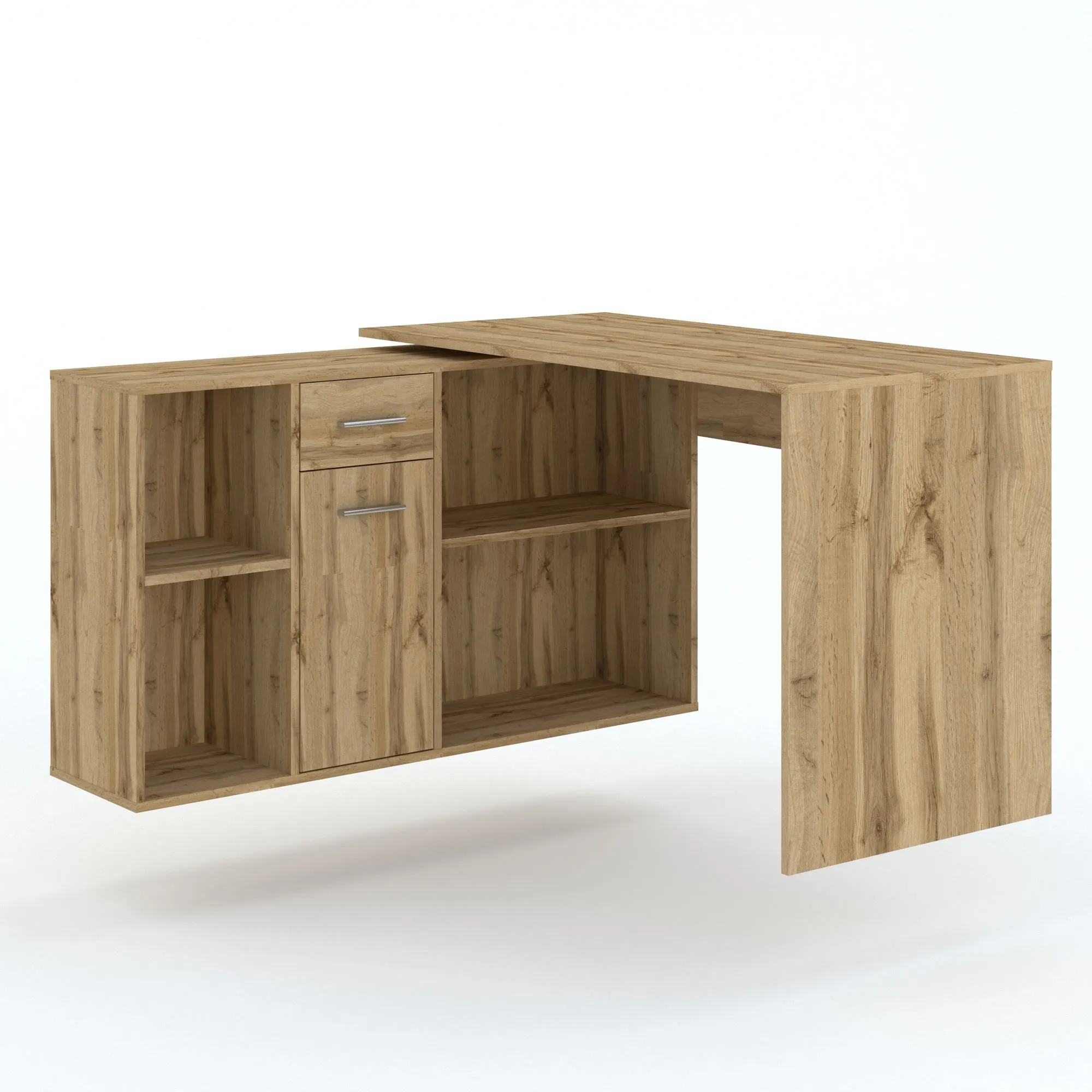 Biurko narożne CARROLL z szafką i szufladą dąb wotan Meble, Tabela, kredens, Drewno, Biurko