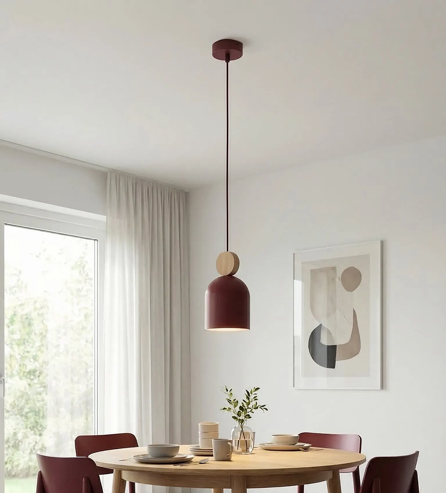 image lampa wisząca, lampa sufitowa, kolor bordo, drewniana oprawa, meble jadalniane