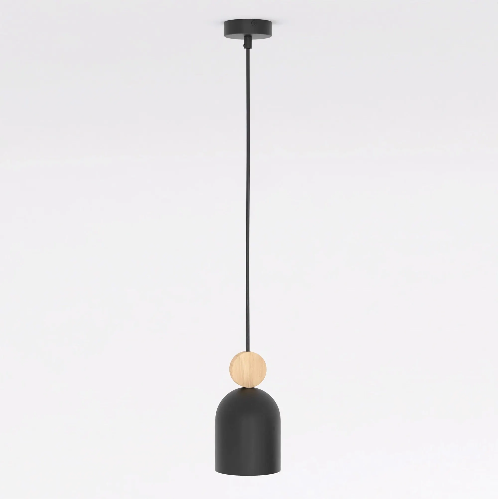 lampa wisząca, podwieszany żarnik, czarna lampa, korpus metaliczny, drewniana ozdoba