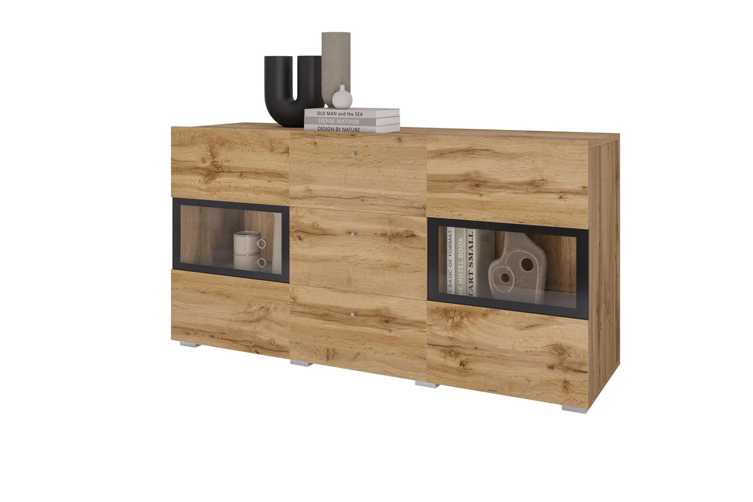 Komoda 2-drzwiowa z szufladami BAROS szklana dąb wotan - 24N0BM26