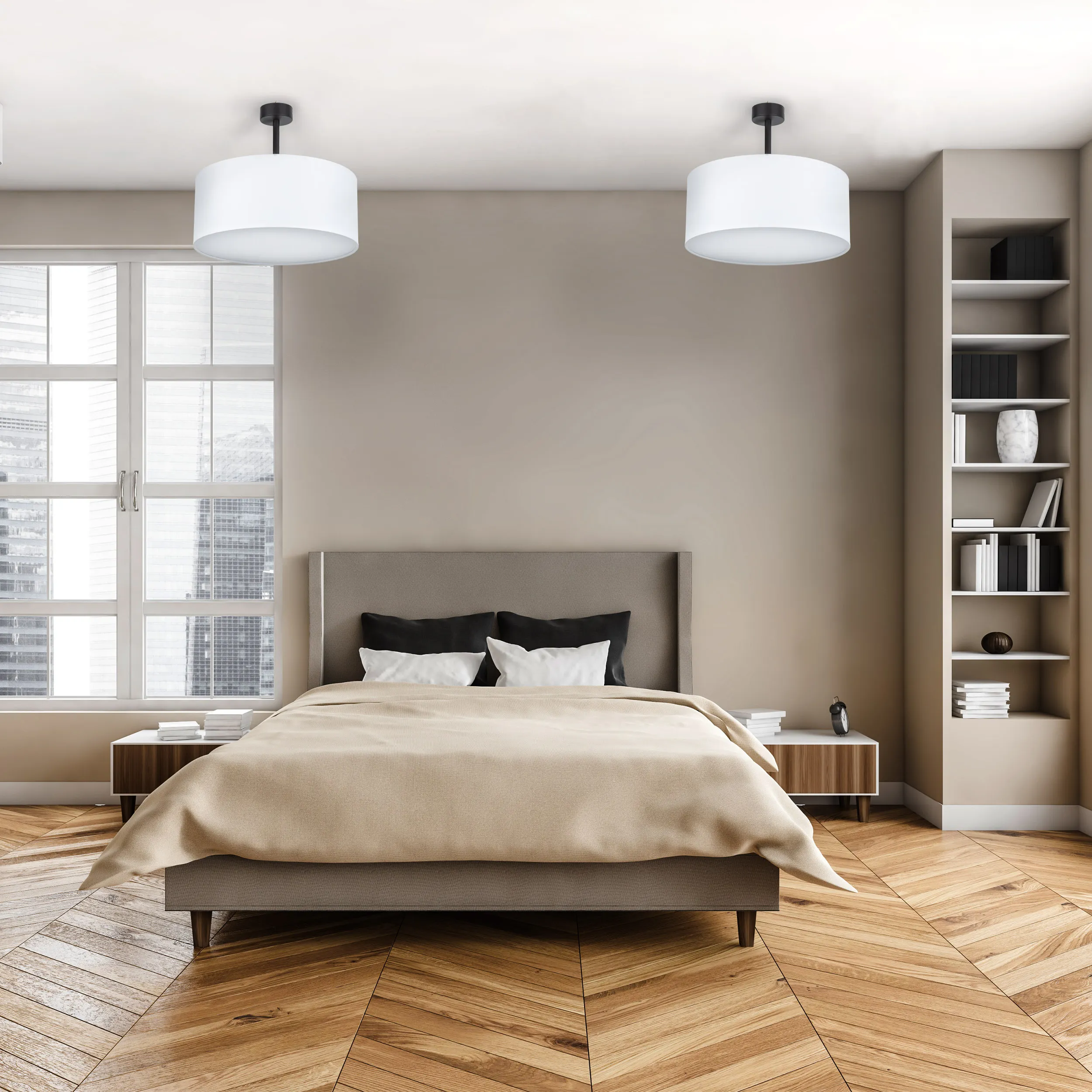 Lampa sufitowa RONDO biała z tkaniny na czarnej podstawie okrągła 40x35cm - TK_4243