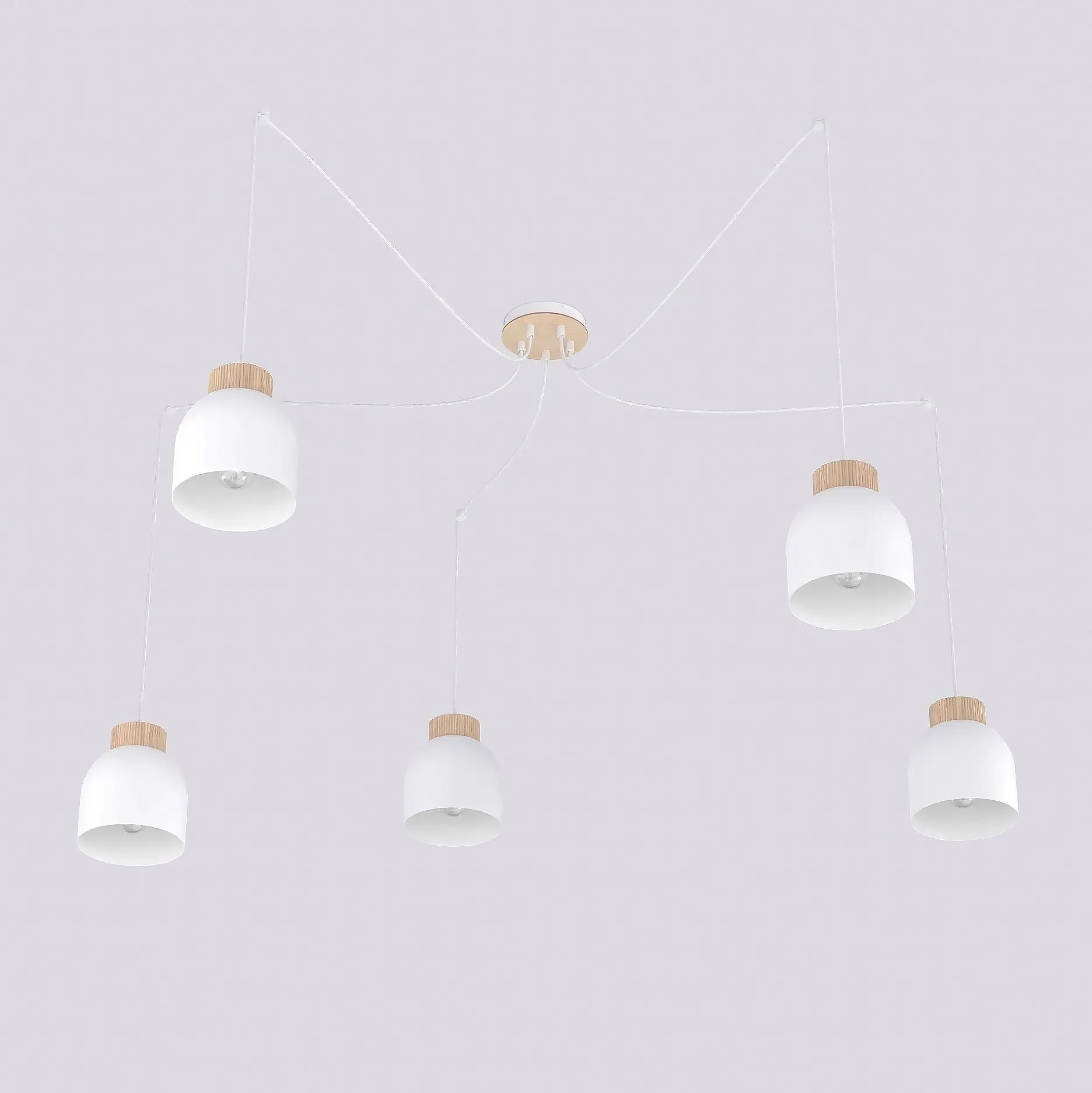 lampa wisząca, kinkiet sufitowy, lampa duża, białe klosze, drewniane akcenty