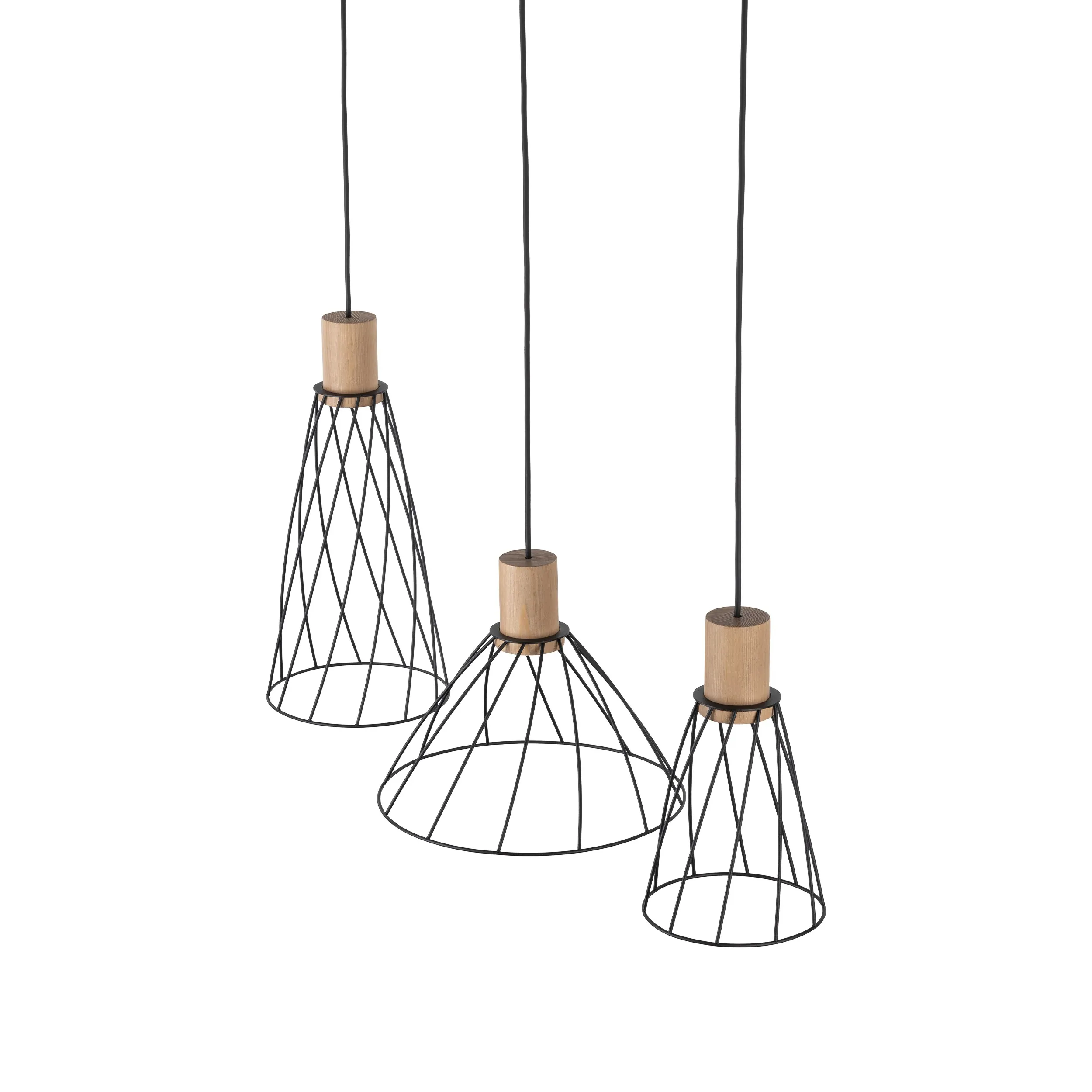 Lampa wisząca MODESTO czarna na listwie z drewnianymi elementami różnokształtne klosze 140x82x29cm - TK_10158