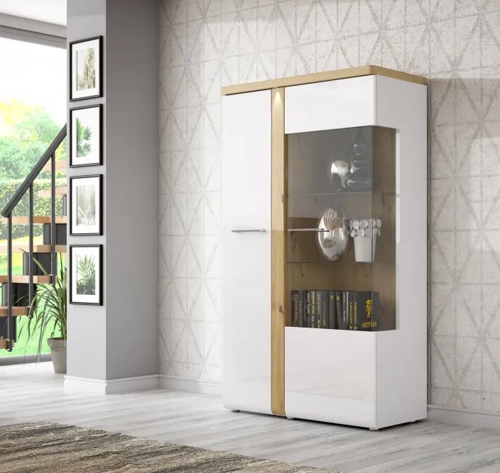 Witryna szklana niska TULUZA 86x163 dąb artisan biała - TUZV621B-C843