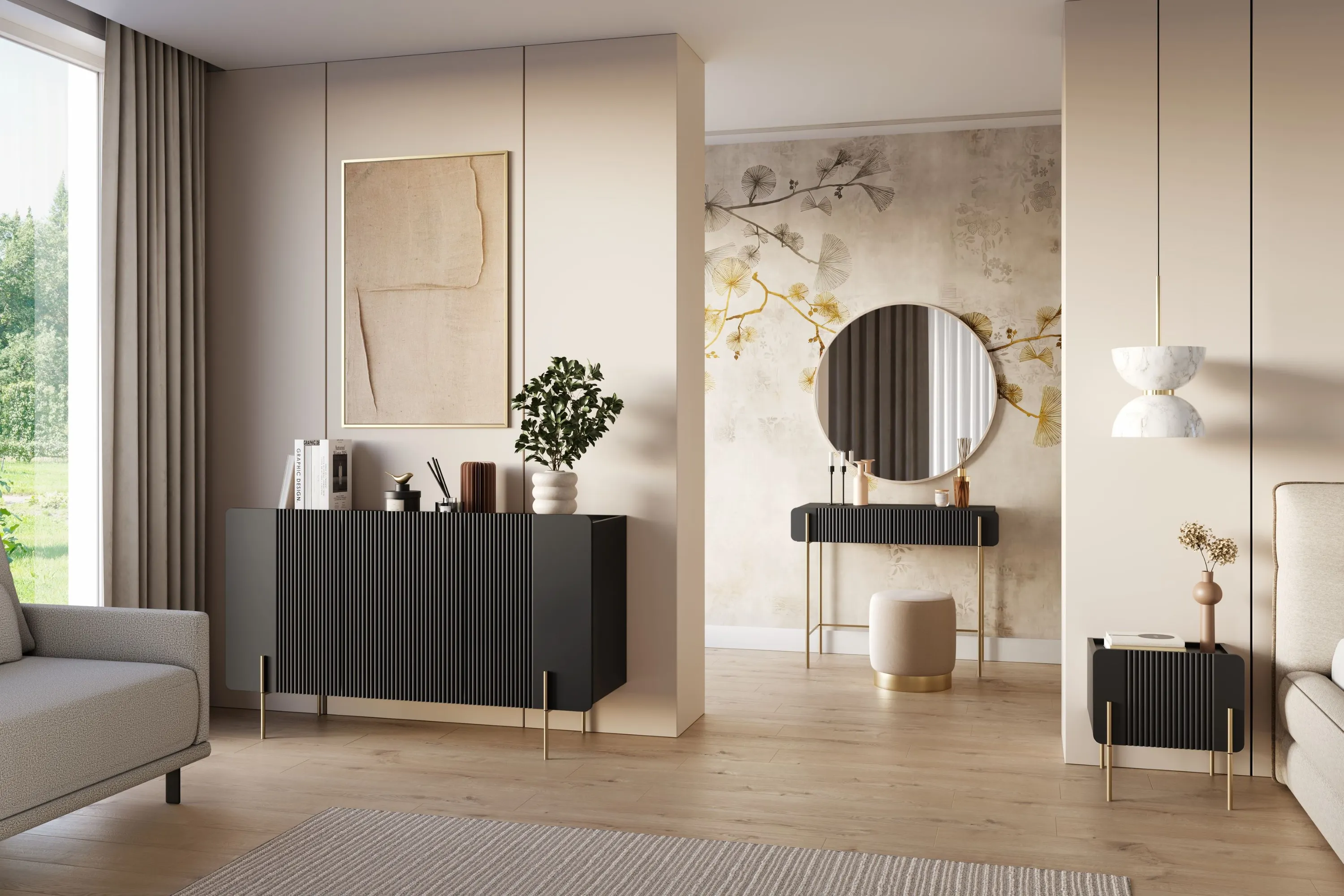 Szafka nocna z 1 szufladą MALMI 45cm - czarna - złote nogi - B_166953