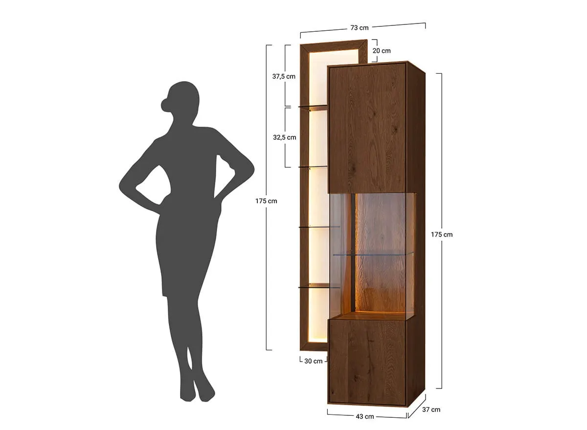Witryna z regałem dębowa COLLODI z oświetleniem - tabacco - ZICOL03T