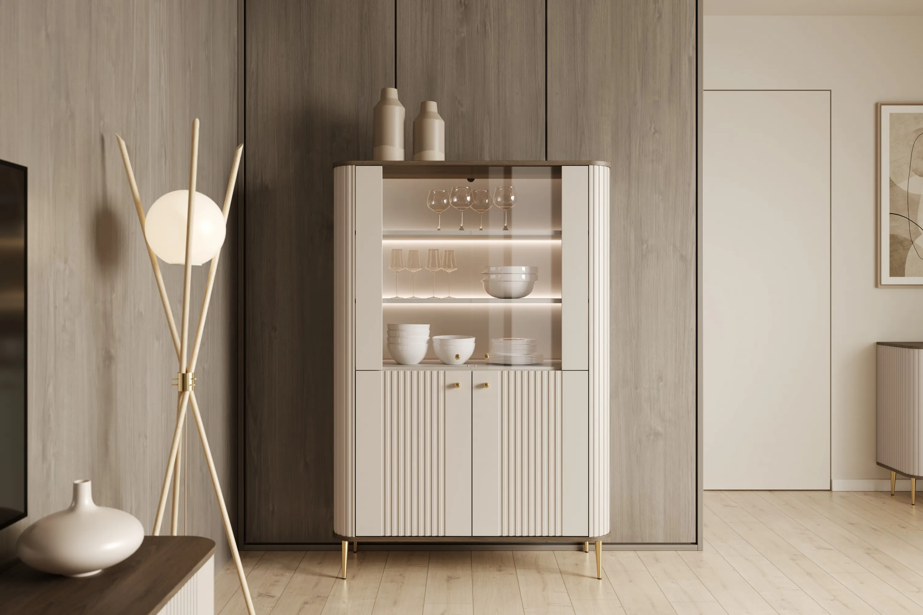 Witryna 4-drzwiowa z oświetleniem VESPER 103 ryflowany front cashmere orzech złote nogi - B_167223