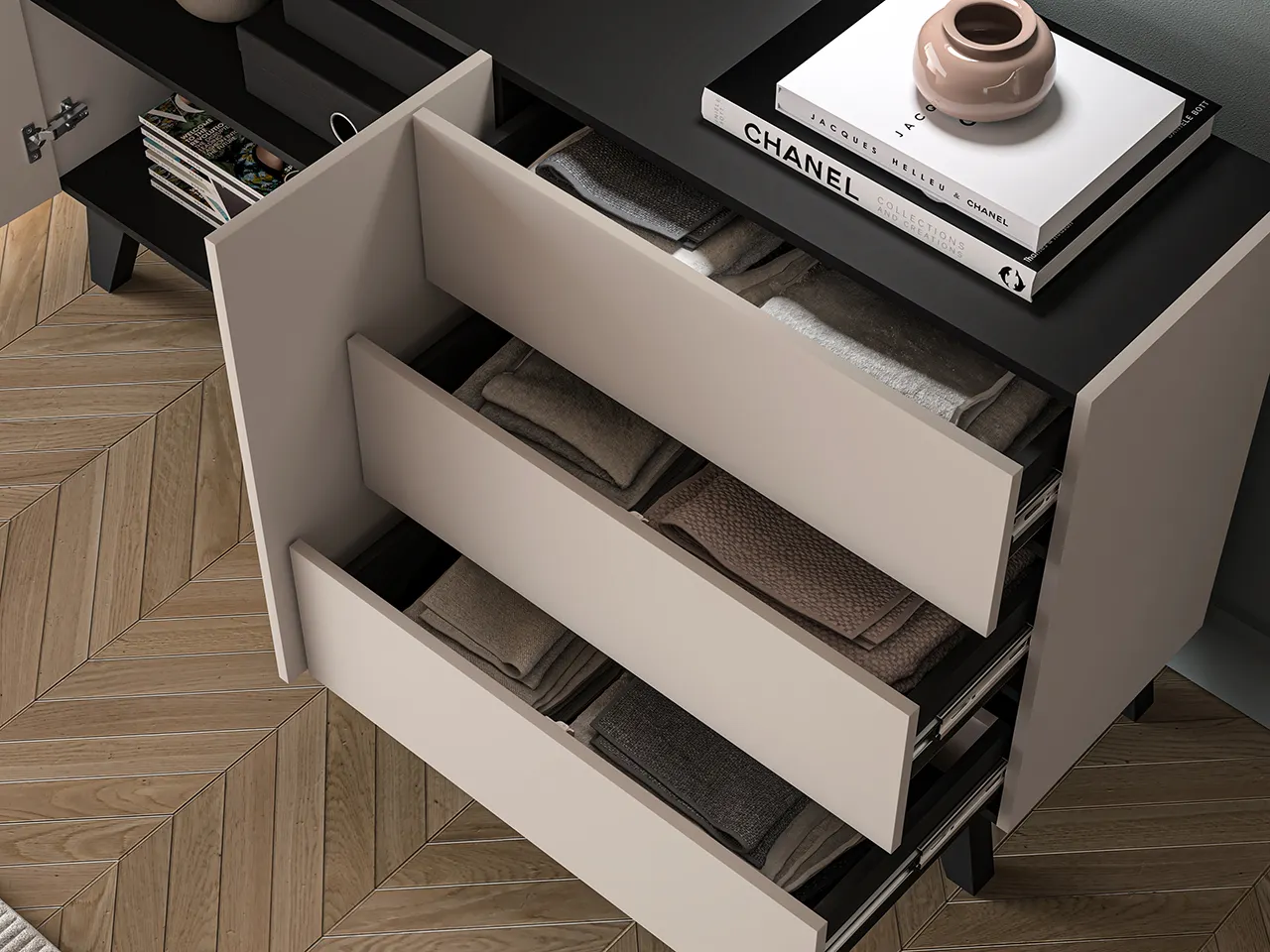 Komoda z półkami i szufladami FRESHION 160 cm beżowo-czarna - 1FRES03-001