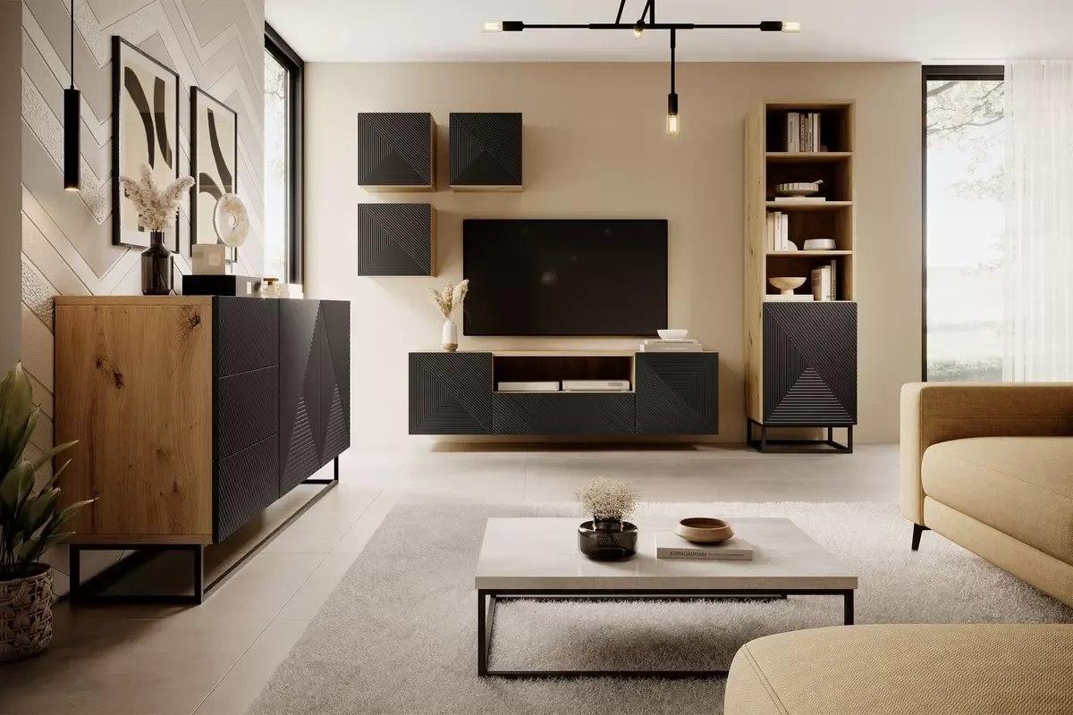 Szafka wisząca ASHA 40 1D - czarny mat - dąb artisan - ryflowany front - B_149644