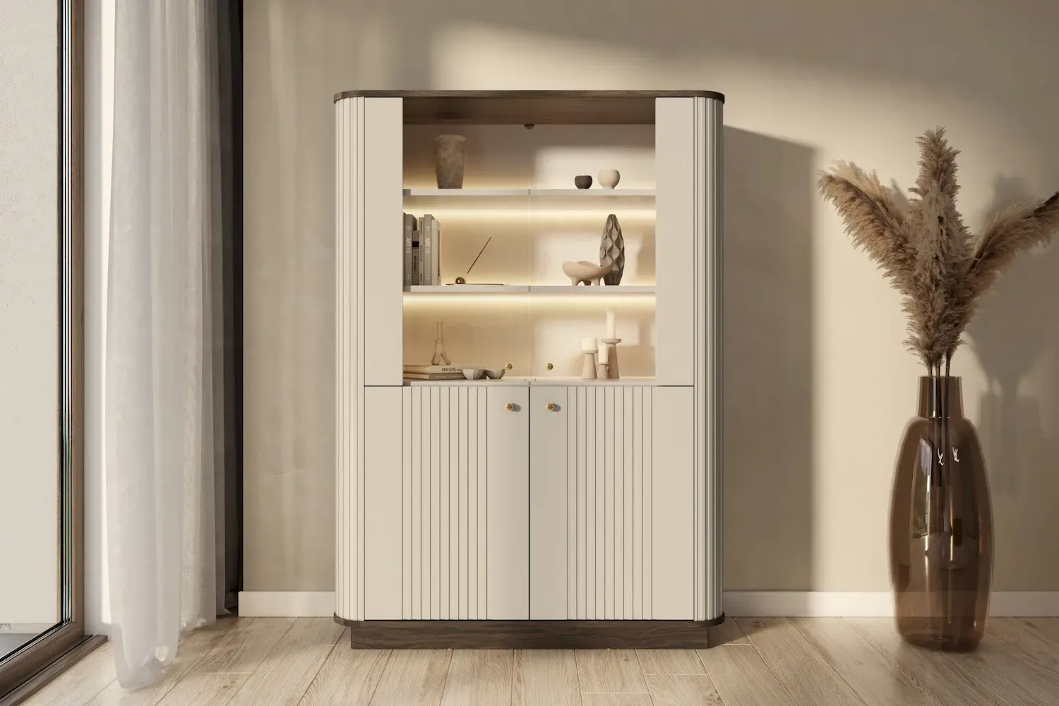 Witryna 4-drzwiowa VESPER z oświetleniem ryflowany front - cashmere orzech złote uchwyty cokół - B_169475