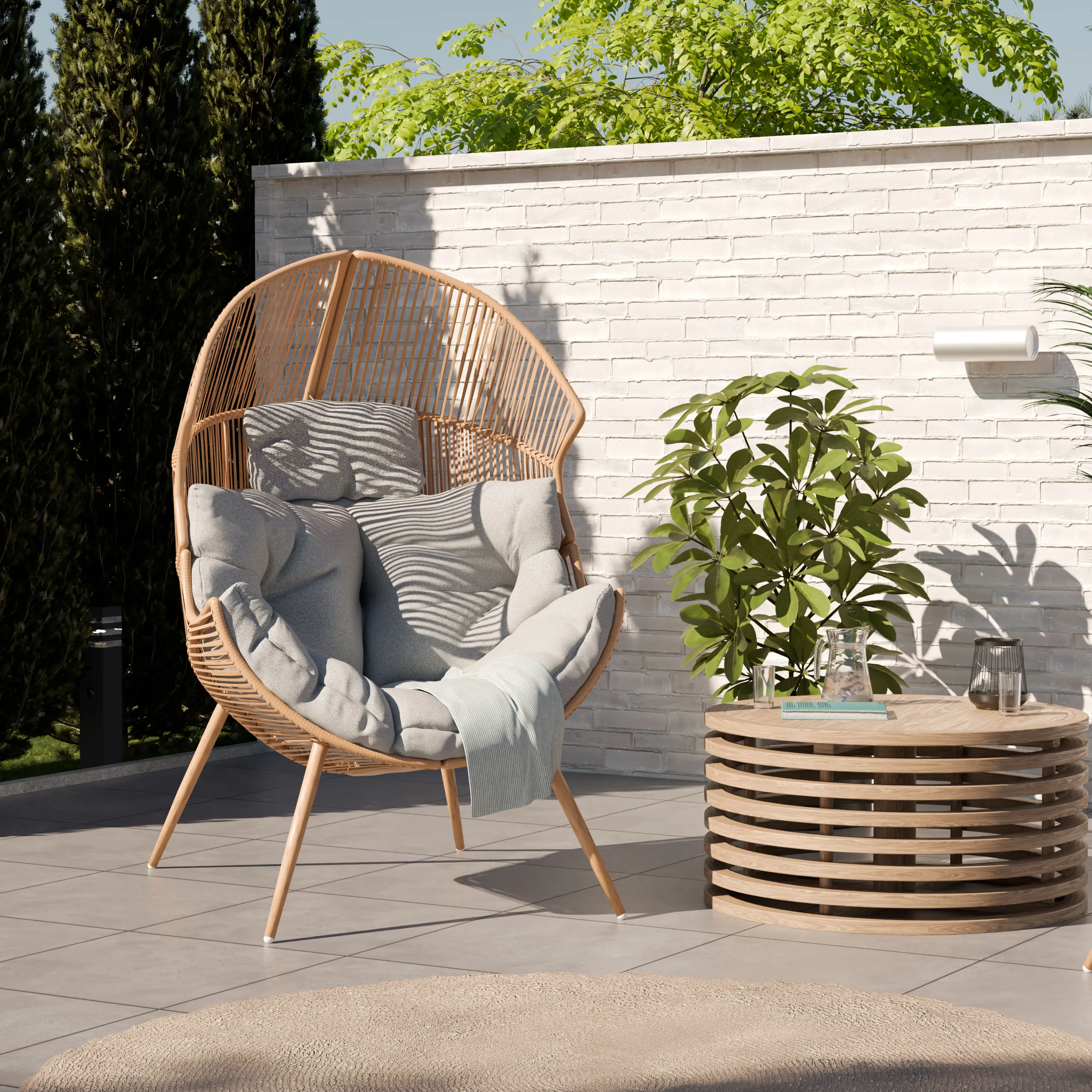 Fotel ogrodowy technorattanowy SUMMERY kokon z szarą poduszką naturalny Zenjoy — zdjęcie 2