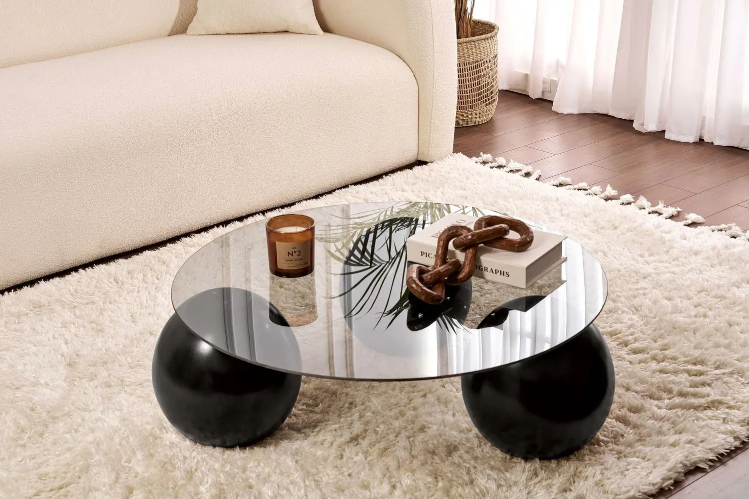 Stolik kawowy szklany okrągły MIRO 85 cm kuliste czarne nogi blat szary - ASI_857NRD1120